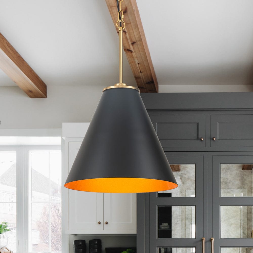 Scandinavian Aged Brass Matte Black Iron Round Tapered Pendant Light 15 Inches