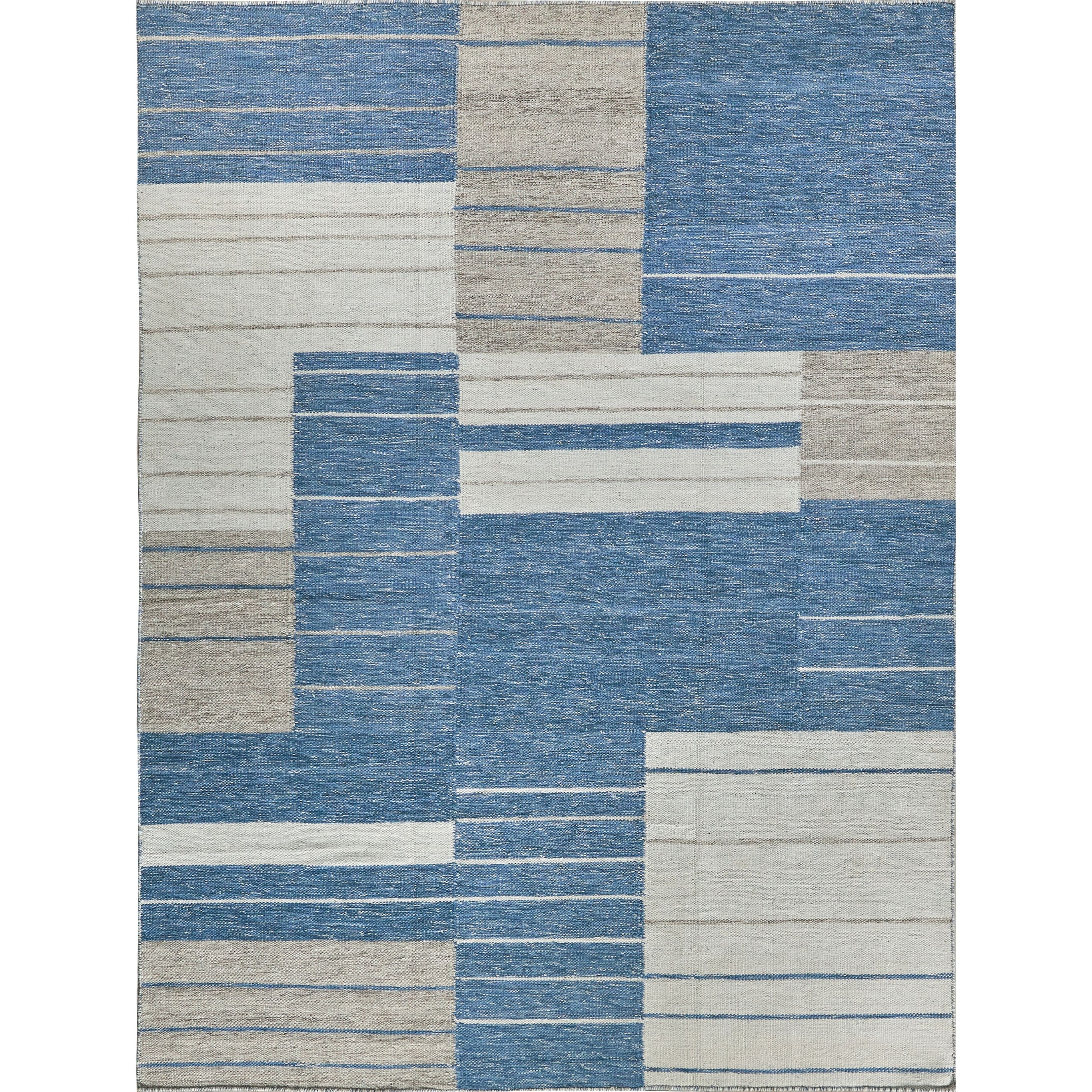 Scandinavian Handloomed New Zealand Wool Blue Ivory Area Rug