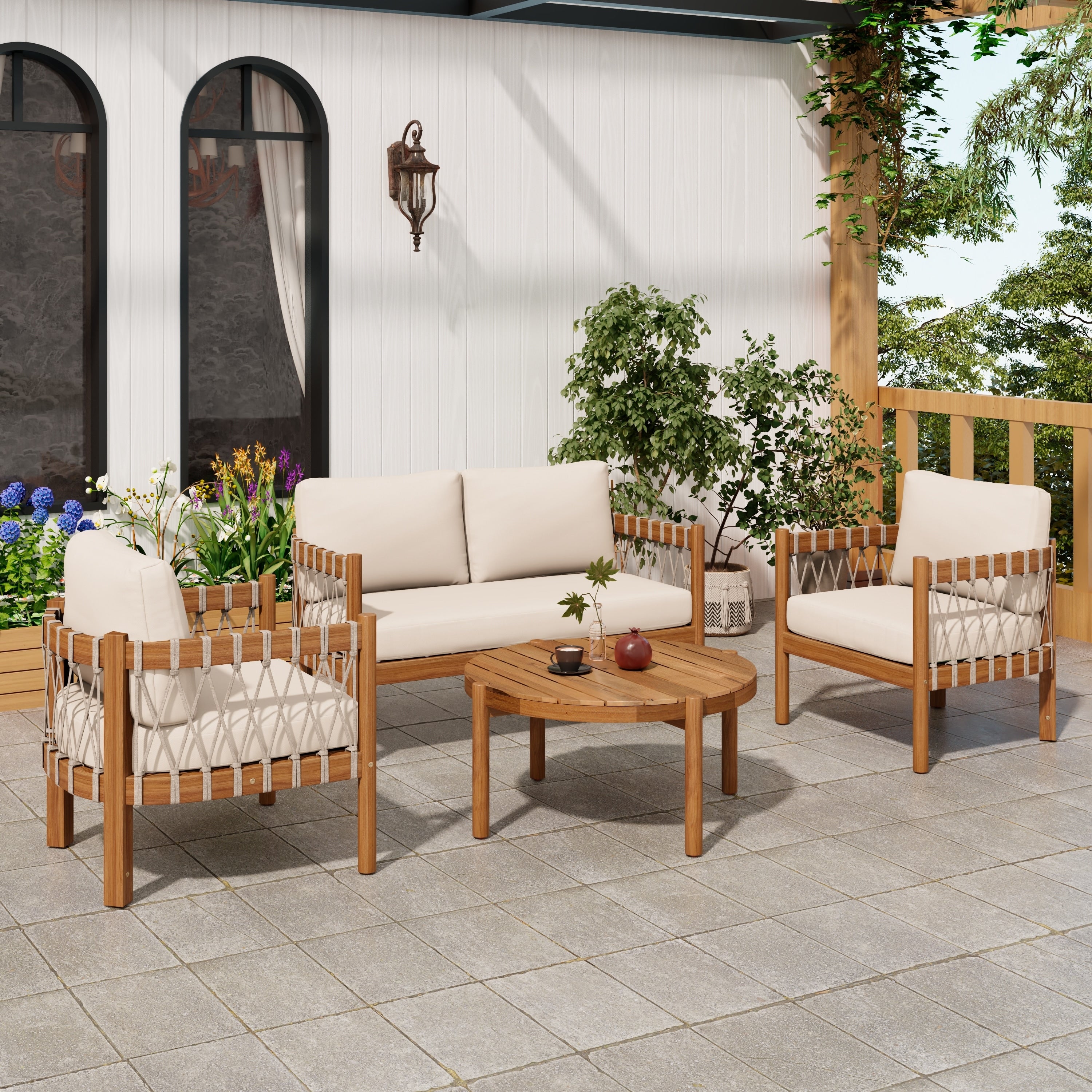 Scott Living Coastal Haven 4 Piece Outdoor Seating Set With Coffee Table Aacia Wood With Beige Cushions