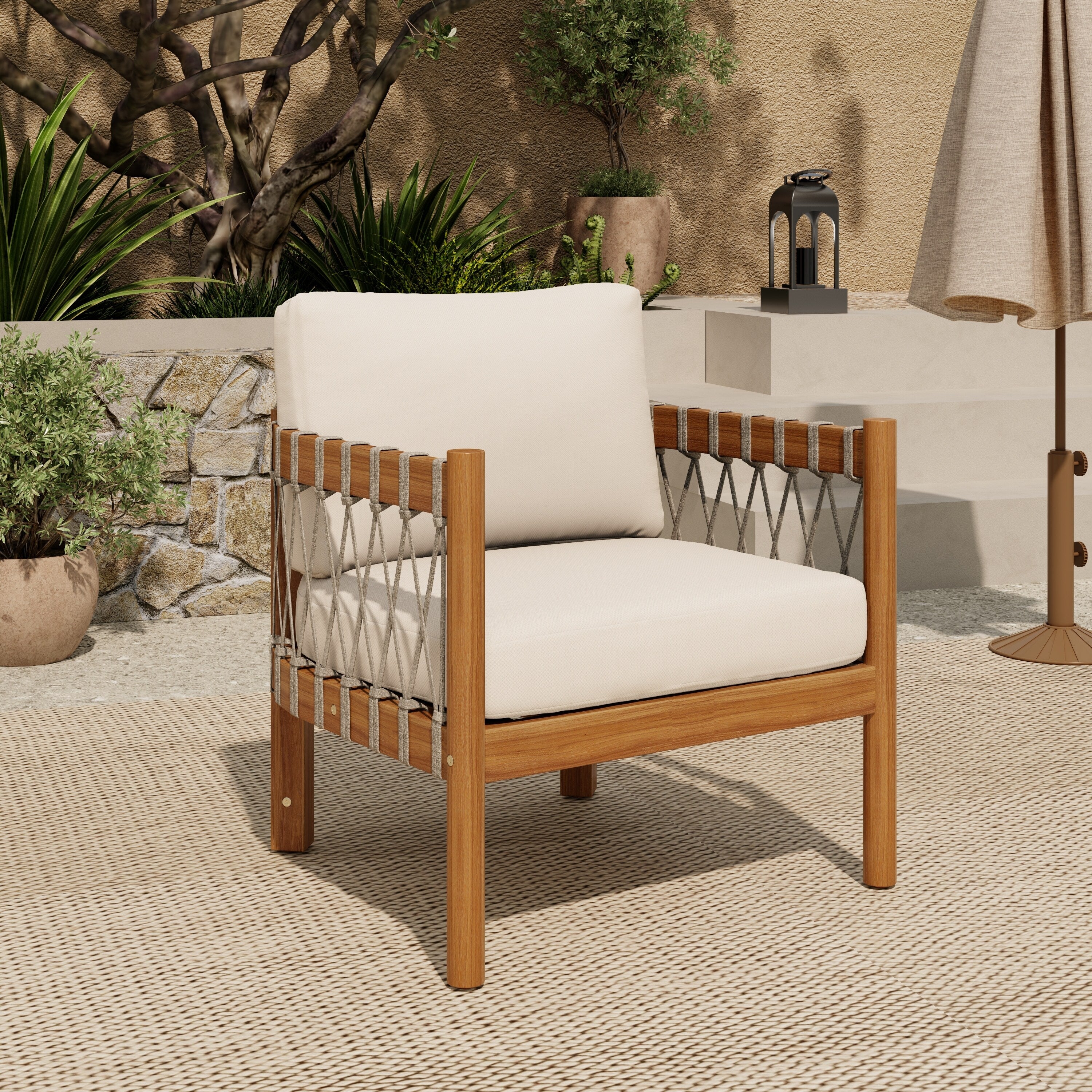 Scott Living Coastal Haven Outdoor Chair Acacia Wood With Beige Cushions