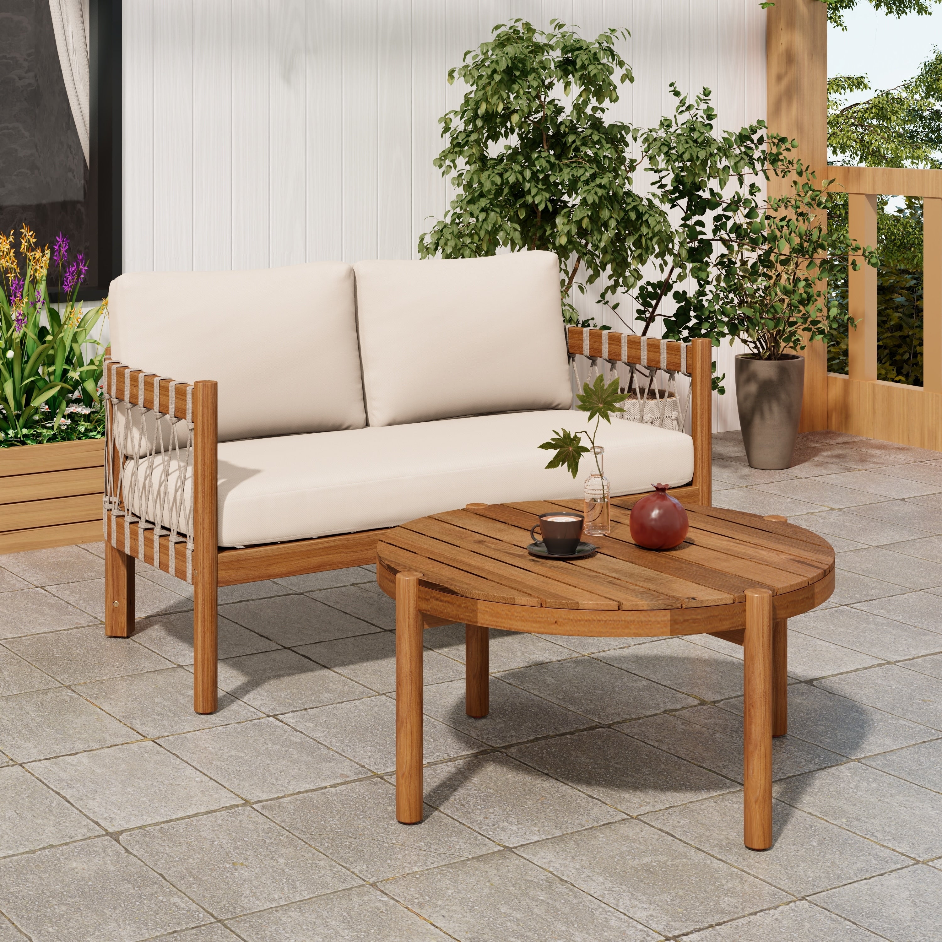 Scott Living Coastal Haven Outdoor Loveseat And Coffee Table Set Acacia Wood With Beige Cushions