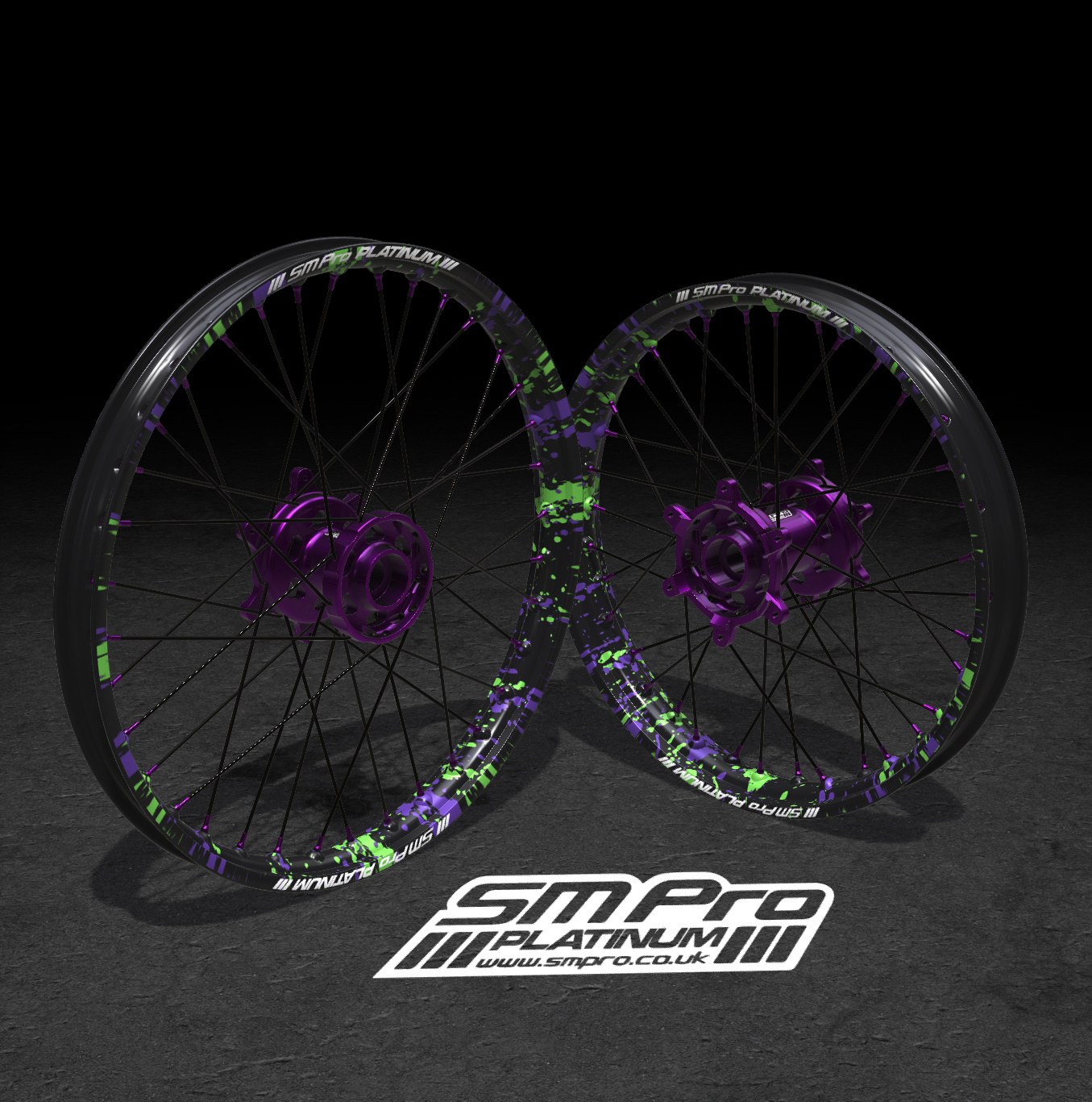 SM PRO SUR RON WHEEL SET 19/16″ SPLATTERKOTE PURPLE/GREEN COMBO
