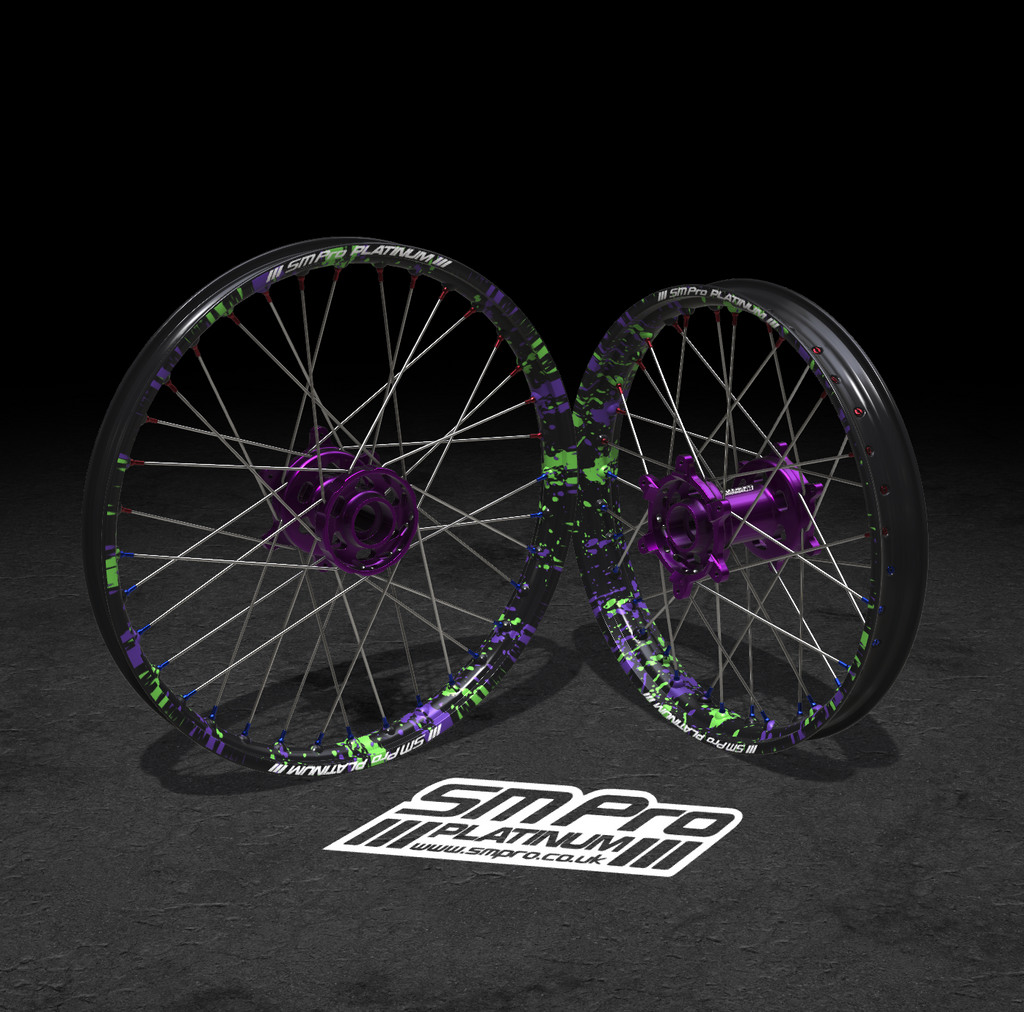 SM PRO ULTRA BEE WHEEL SET 21/18″ SPLATTERKOTE GREEN/PURPLE COMBO