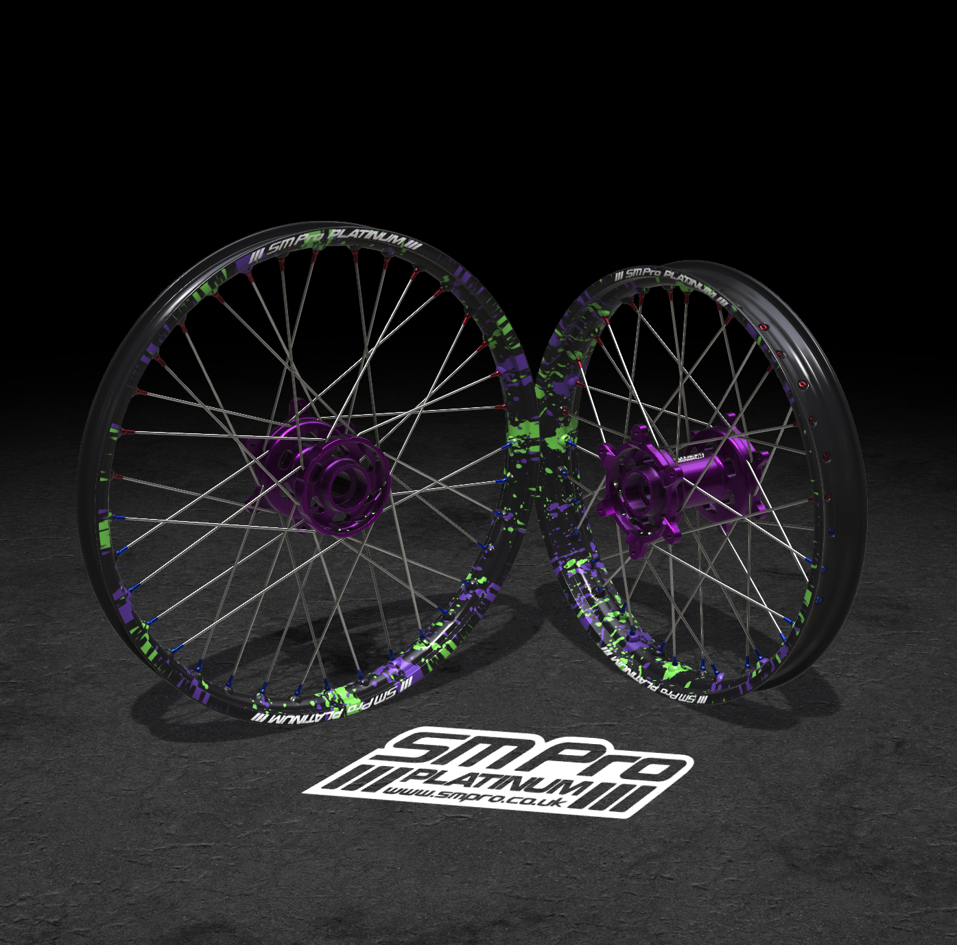 SM PRO ULTRA BEE WHEEL SET 21/18″ SPLATTERKOTE GREEN/PURPLE COMBO
