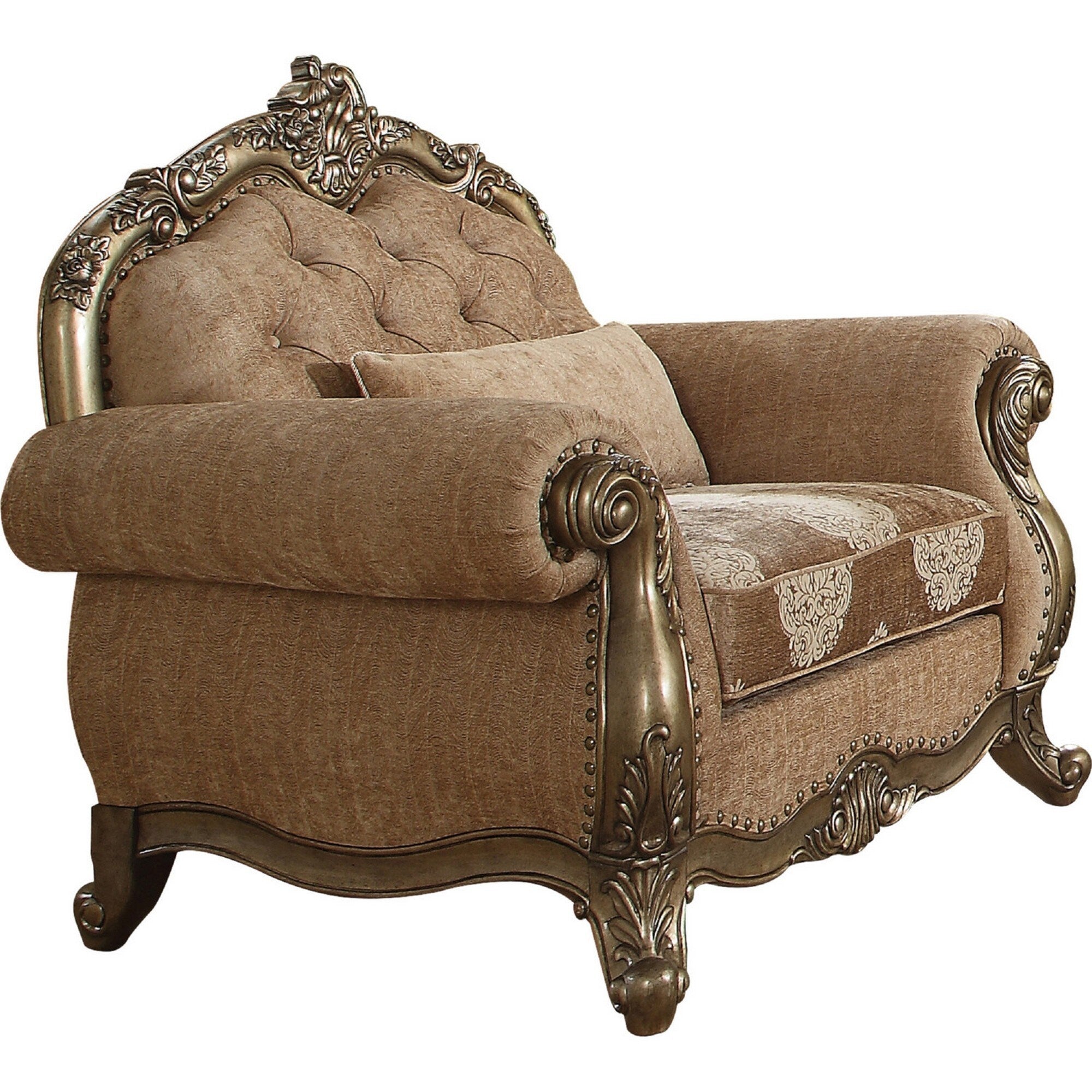 Scrolled Crown Top Fabric Chair With Cabriole Legs Beige And Brass