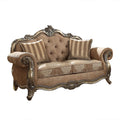 Scrolled Crown Top Fabric Loveseat With Cabriole Legs Beige And Brass
