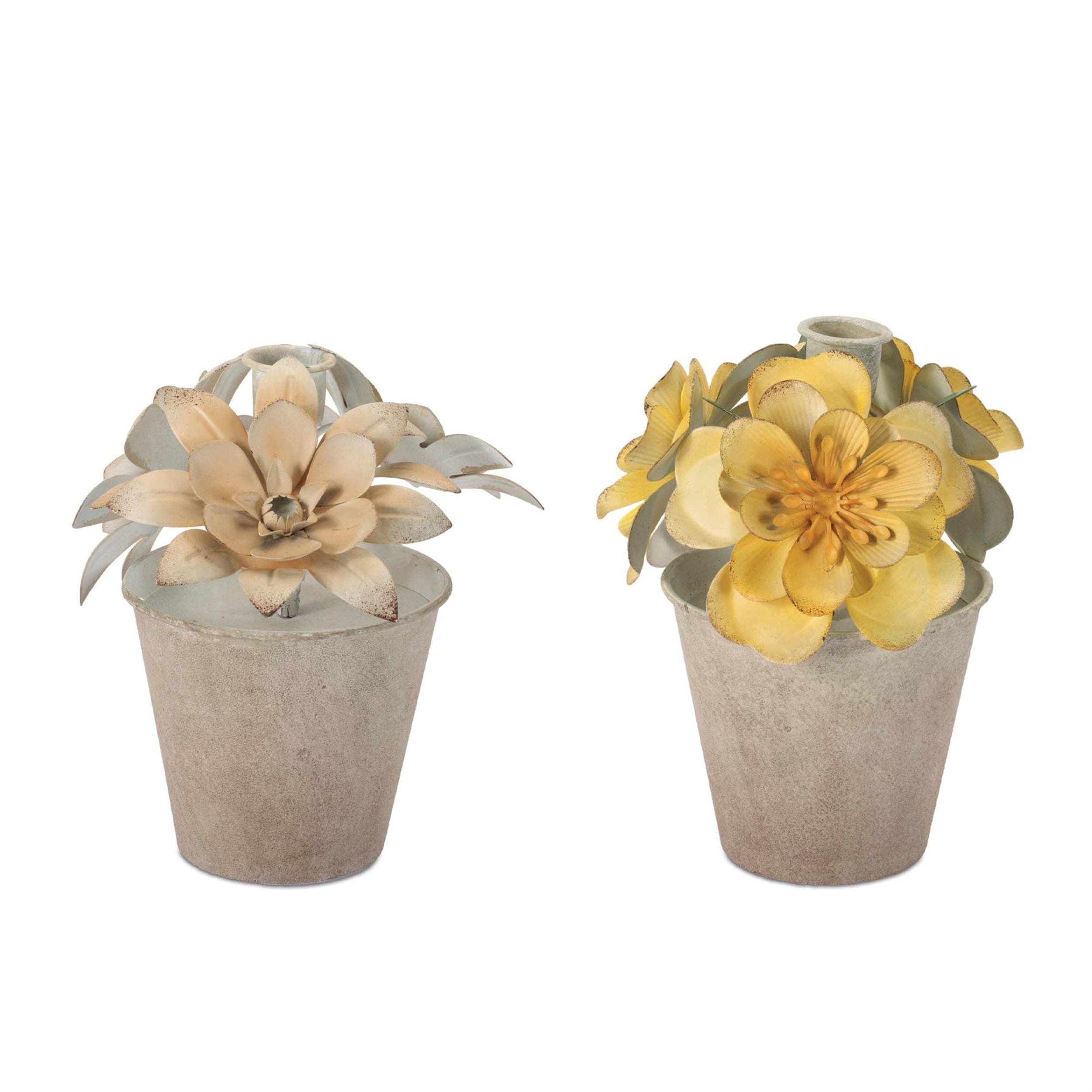 Sculpted Metal Flower Pot Taper Candle Holder Set Of 2