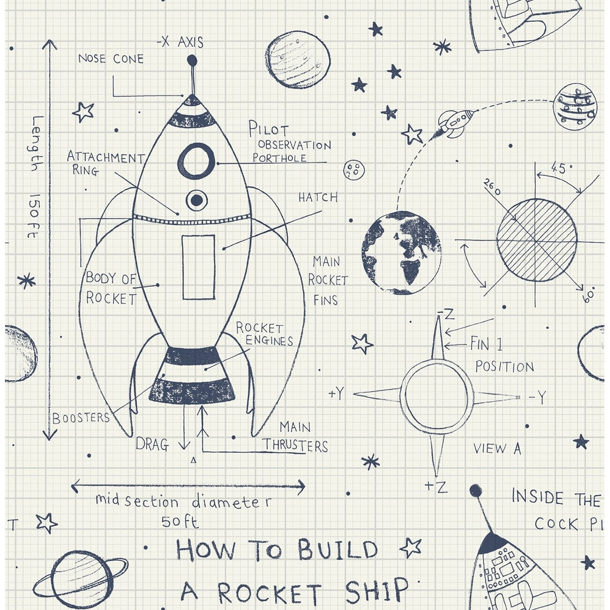 Seabrook Designs Daydreamers Rocket Ship Unpasted Wallpaper