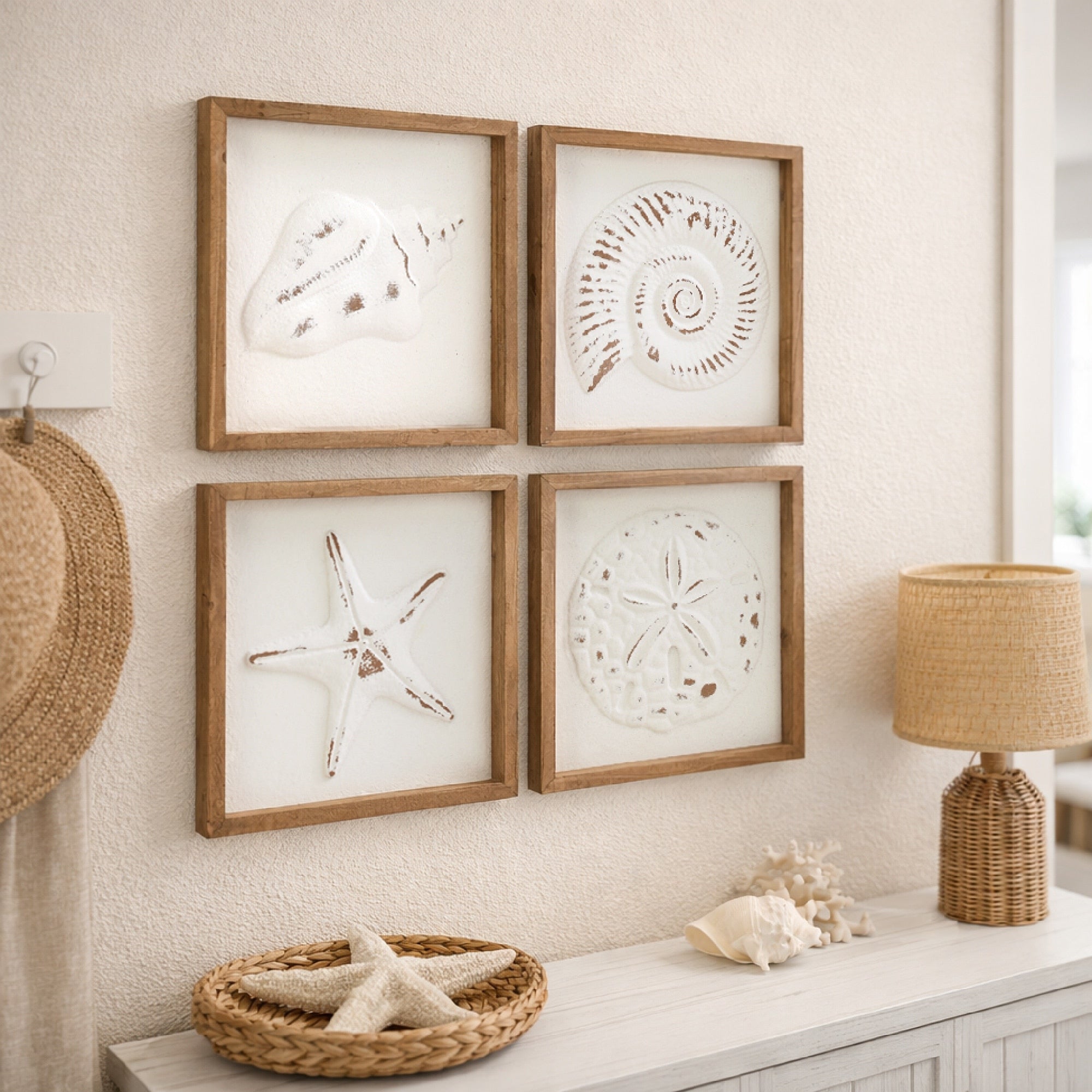 Seashell And Starfish Framed 3D Coastal Beach Wall Art Set Of 4 For Bathroom Bedroom Beach House Decor 9X9