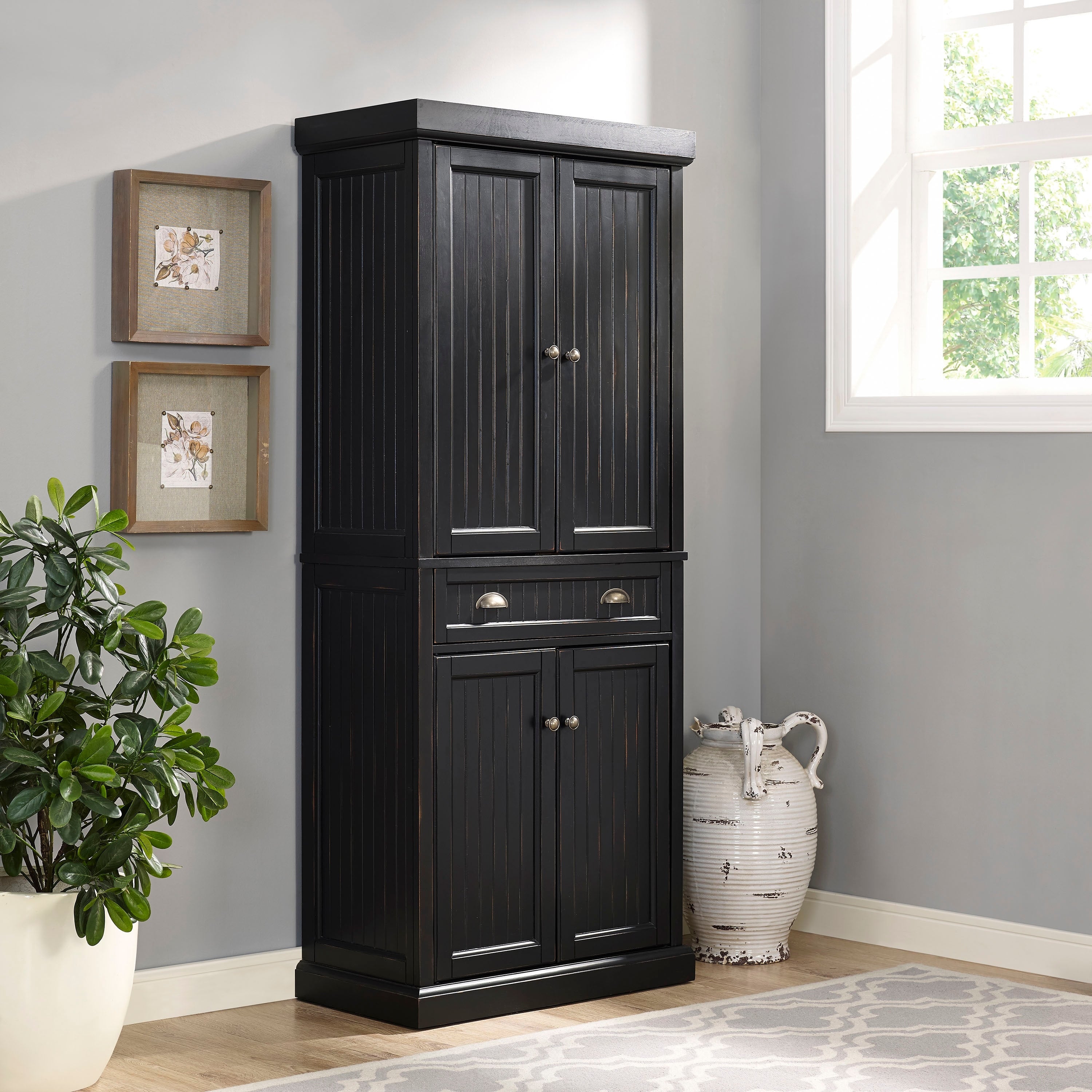 Seaside Kitchen Pantry In Distressed Black Finish
