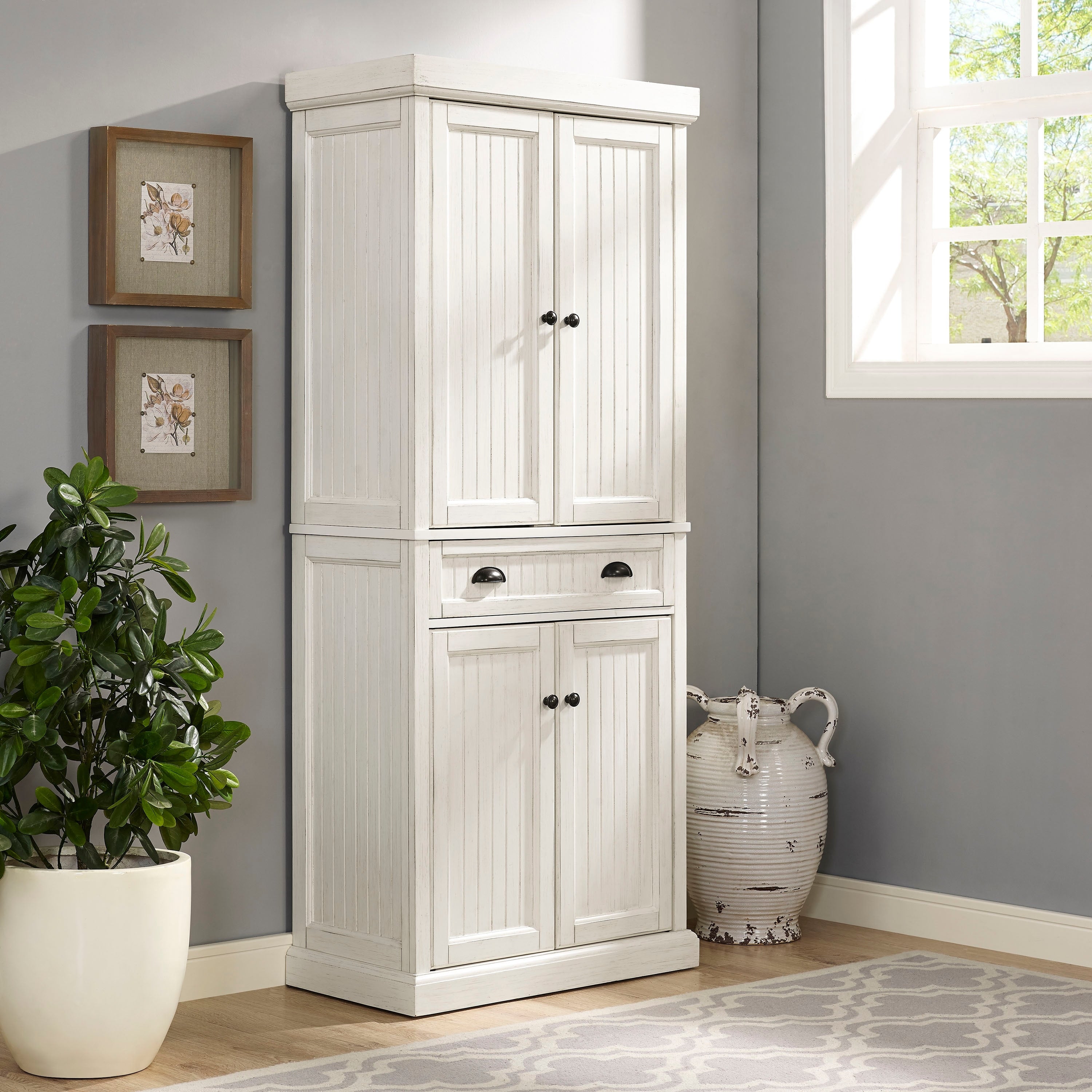 Seaside Kitchen Pantry In Distressed White Finish