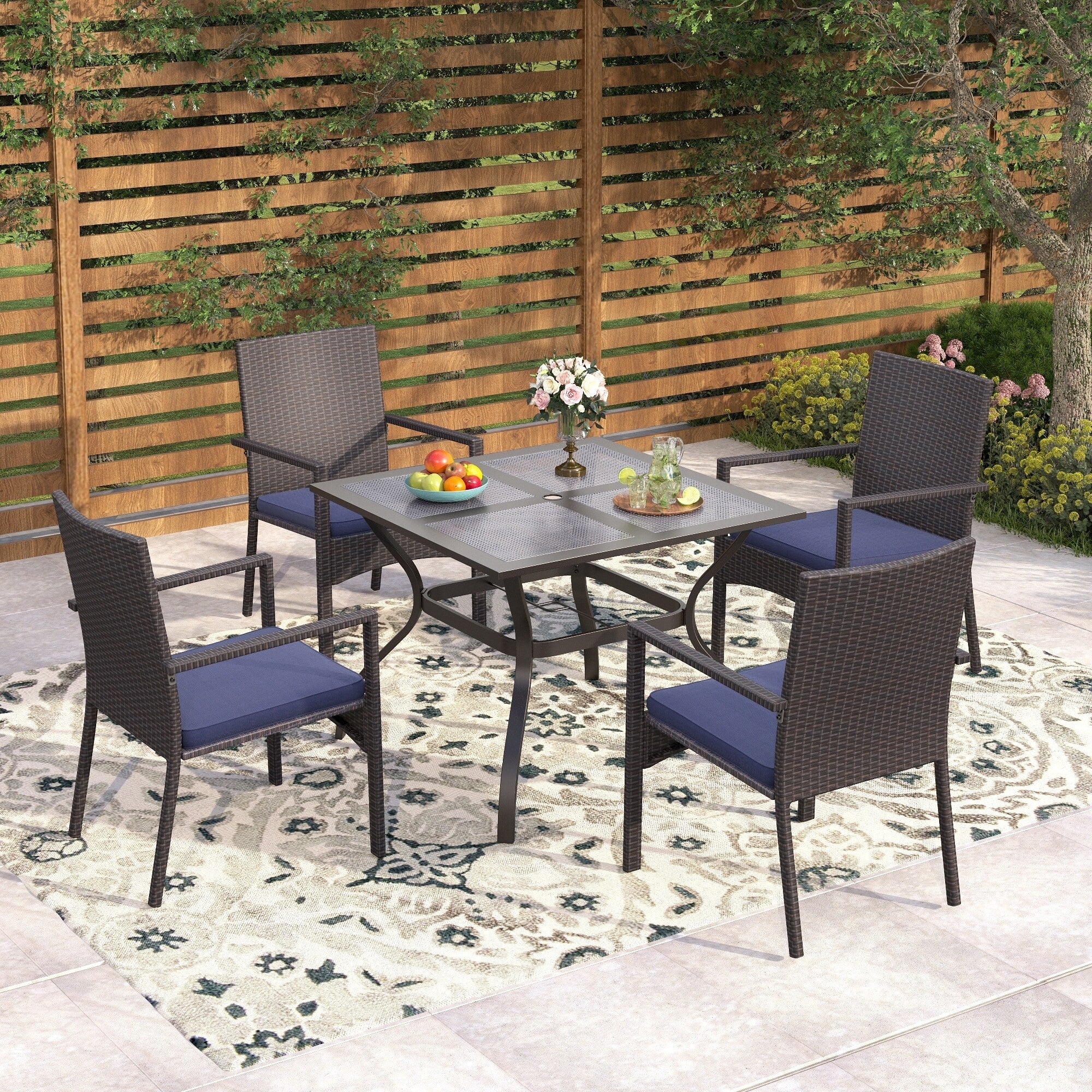 Phi Villa Seats Up To 4 Outdoor Dining Sets 37 Square Metal Bistro Table With 1.7 Umbrella Hole And 4 Rattan Garden Chairs