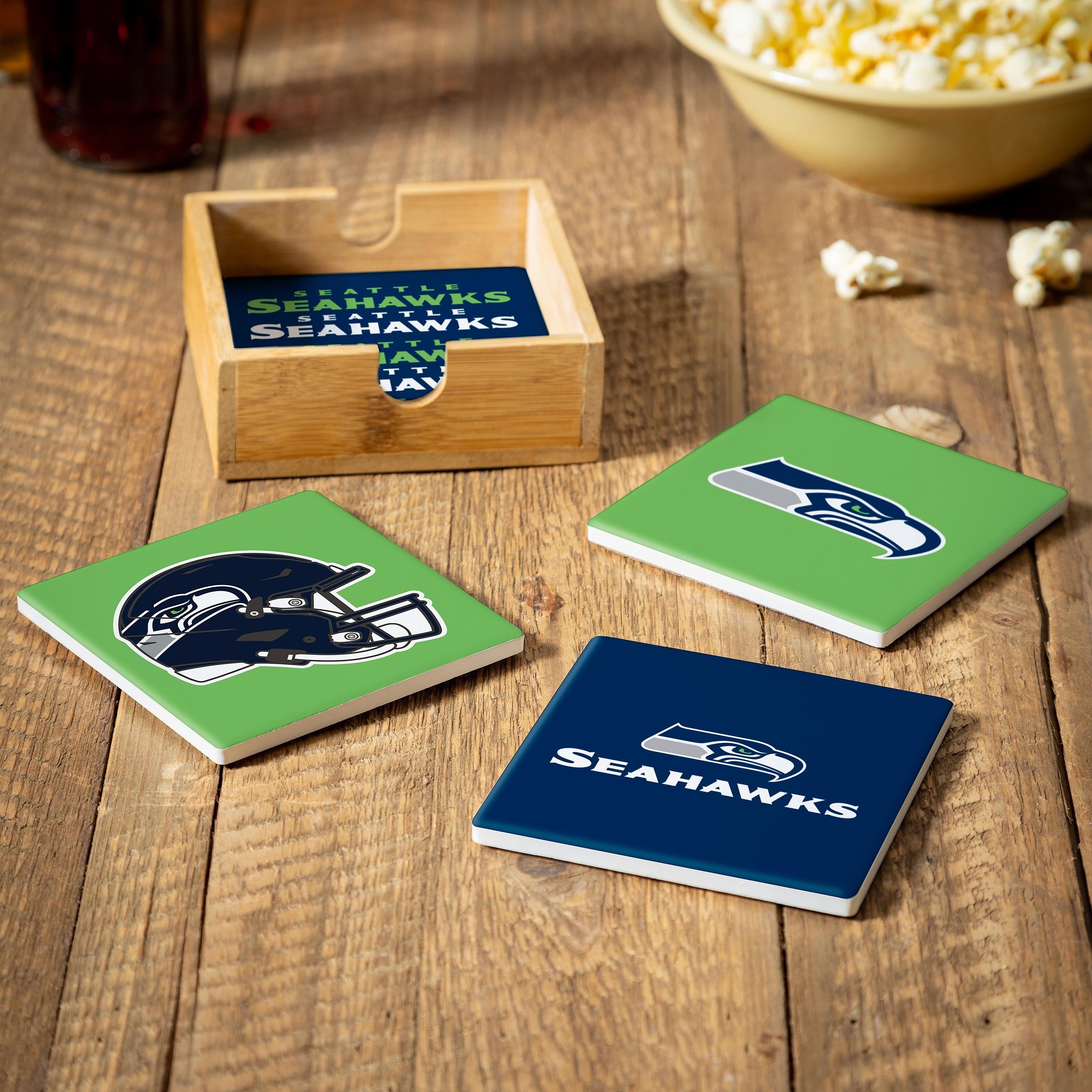 Seattle Seahawks 4 Piece Ceramic Coasters Set With Wood Caddy