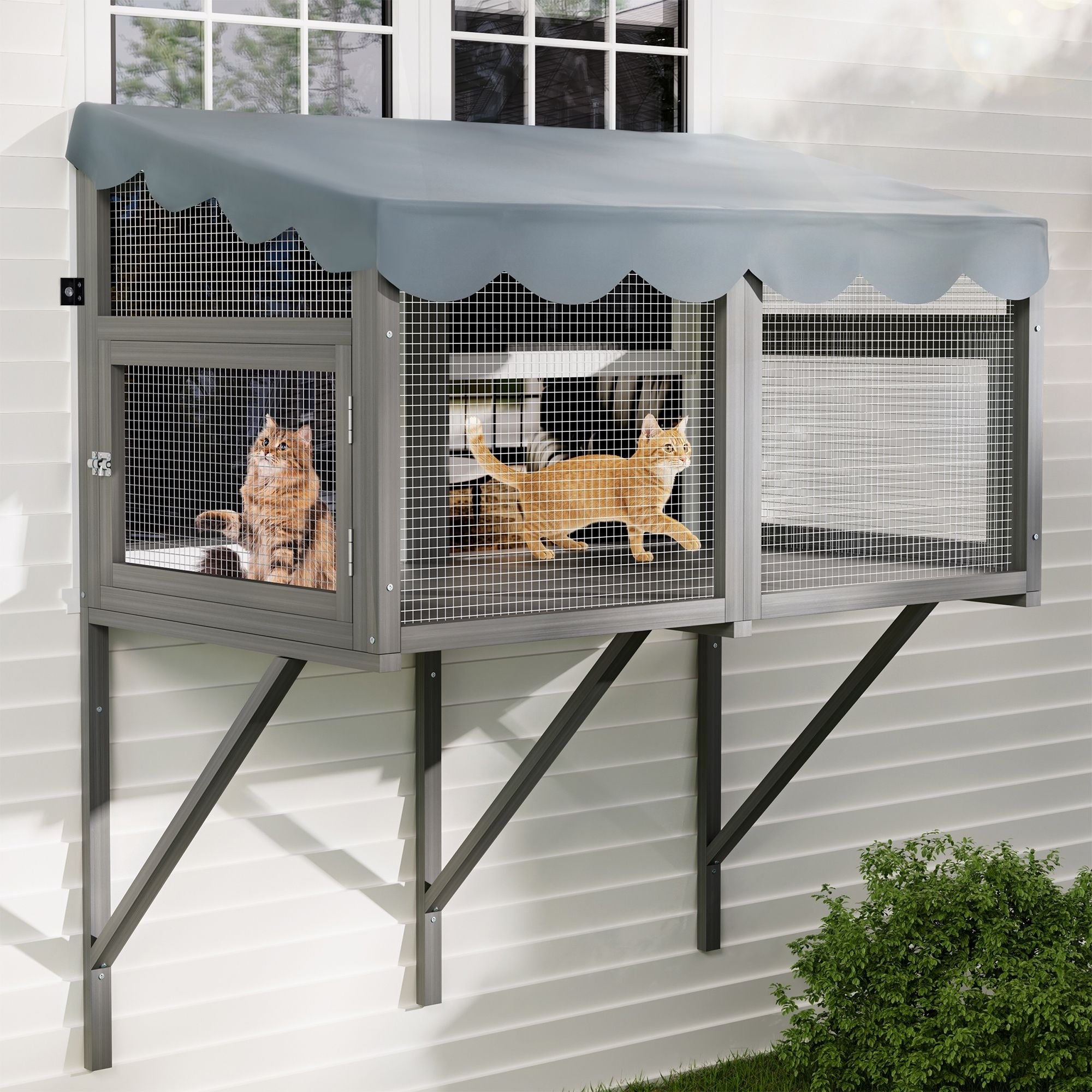 Secure Comfortable Wooden Window Box Enclosure For Cats Gray
