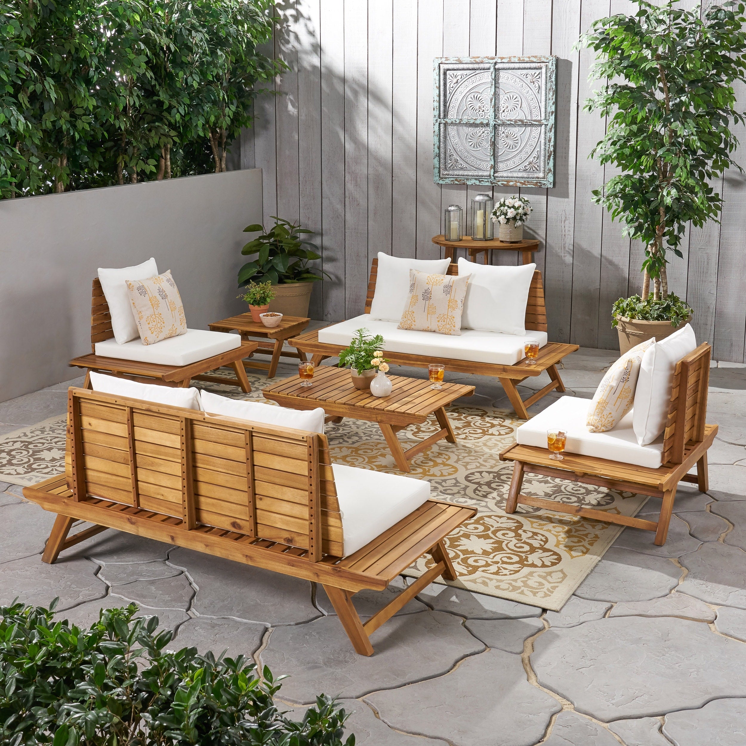 Sedona Outdoor 6 Seater Acacia Wood Chat Set With Side Table And Coffee Table By Christopher Knight Home
