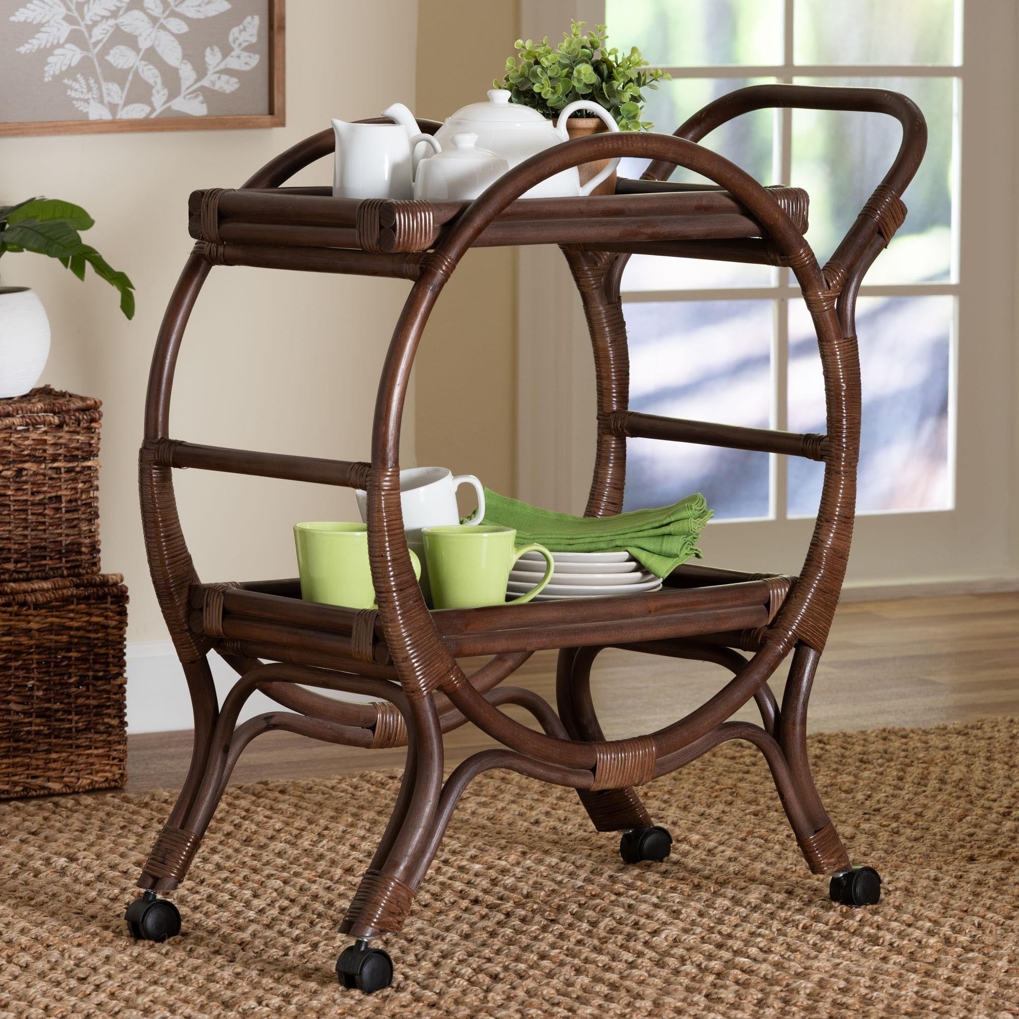 Selah Natural Rattan Kitchen Cart Handwoven Wicker 2 Tier Mobile Serving Cart With Tray Top