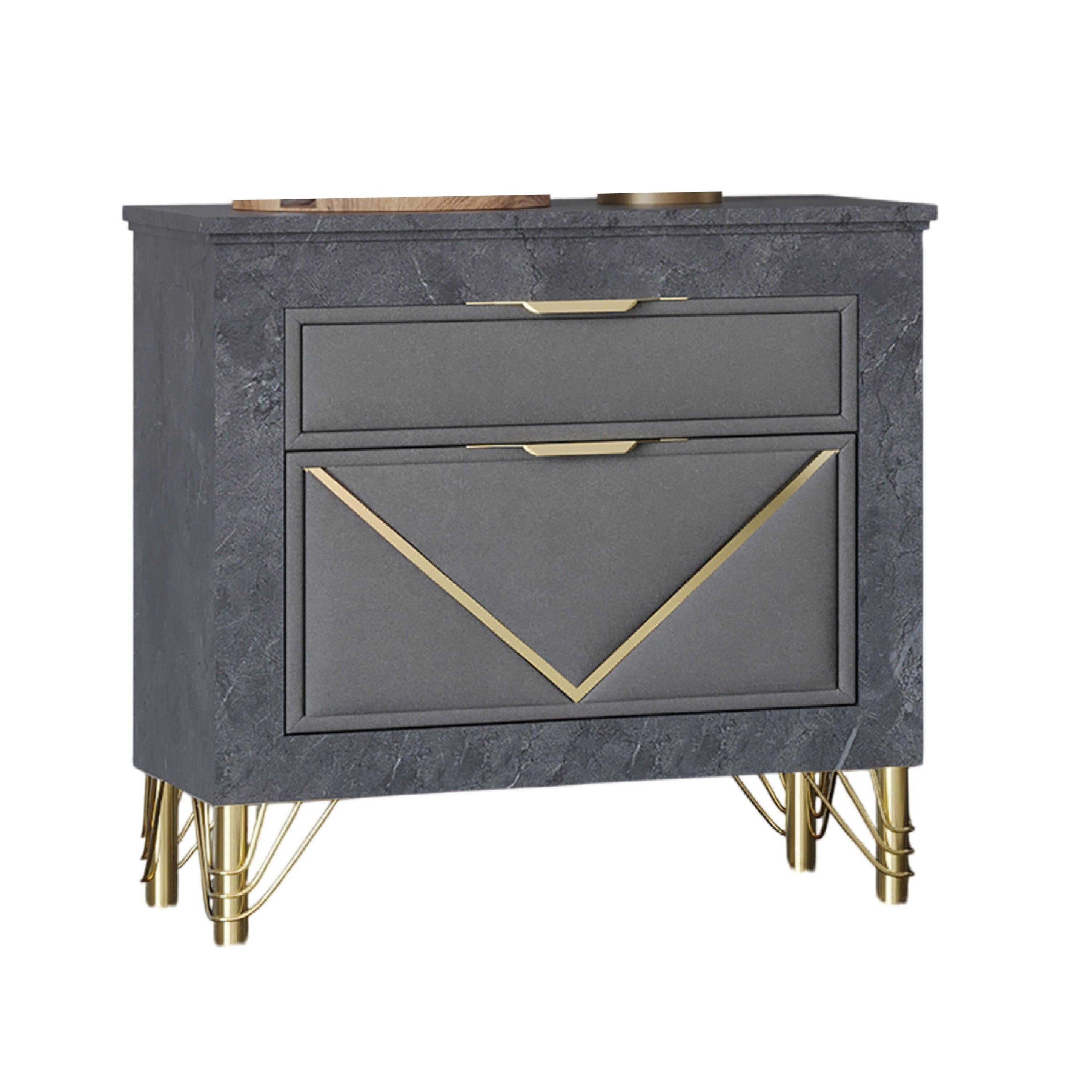 Semy Nightstand 2 Gold Accented Drawers Gray Marble Laminate