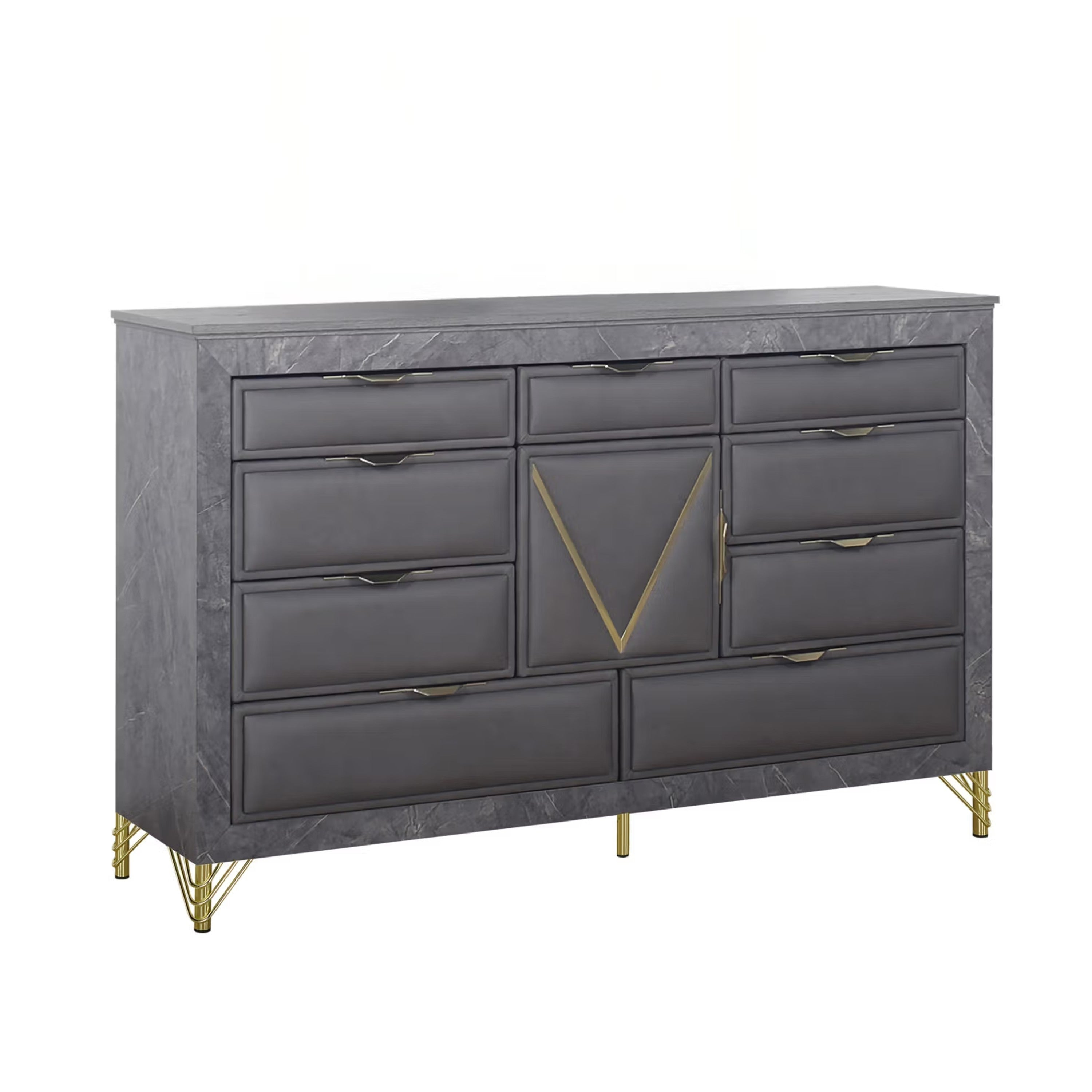 Semy Wide Dresser 10 Drawers 1 Cabinet Charcoal Gray Wood Gold