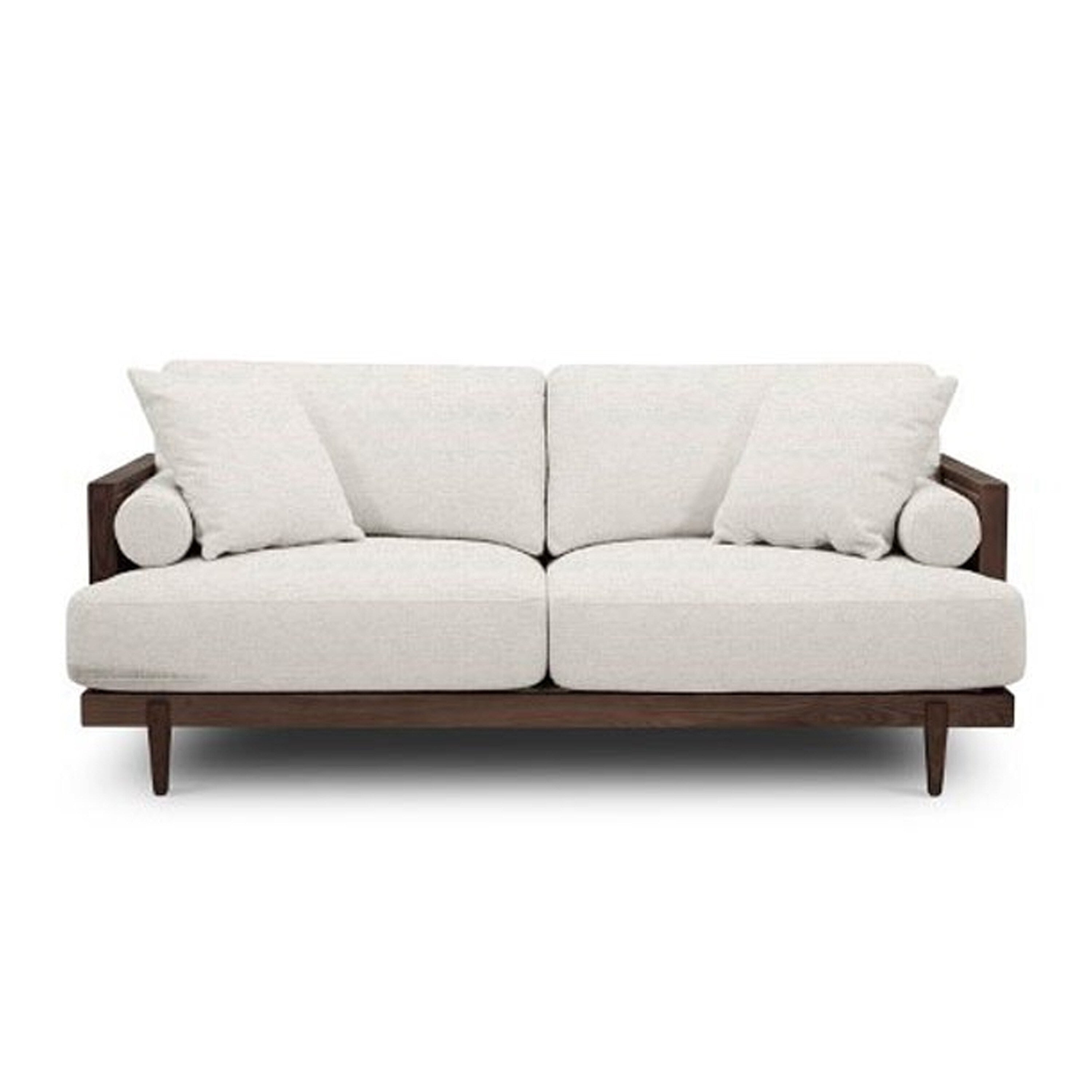 Senu Loveseat 2 Pillows Beige Cushion Walnut Brown Rattan 65 Inch