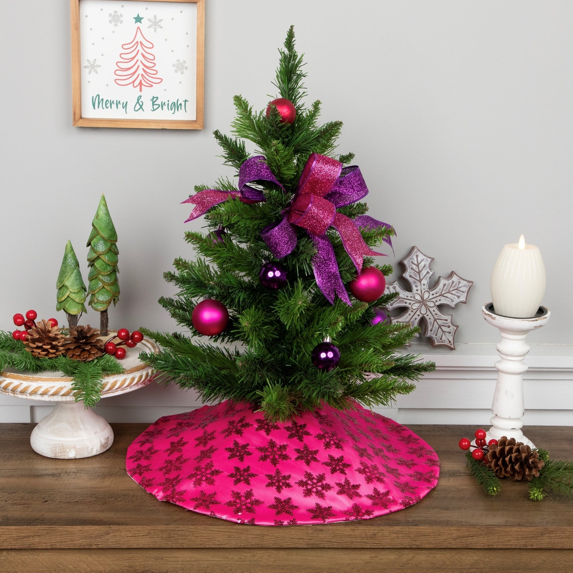 20 Pink Sequin Snowflake Pattern Mini Christmas Tree Skirt