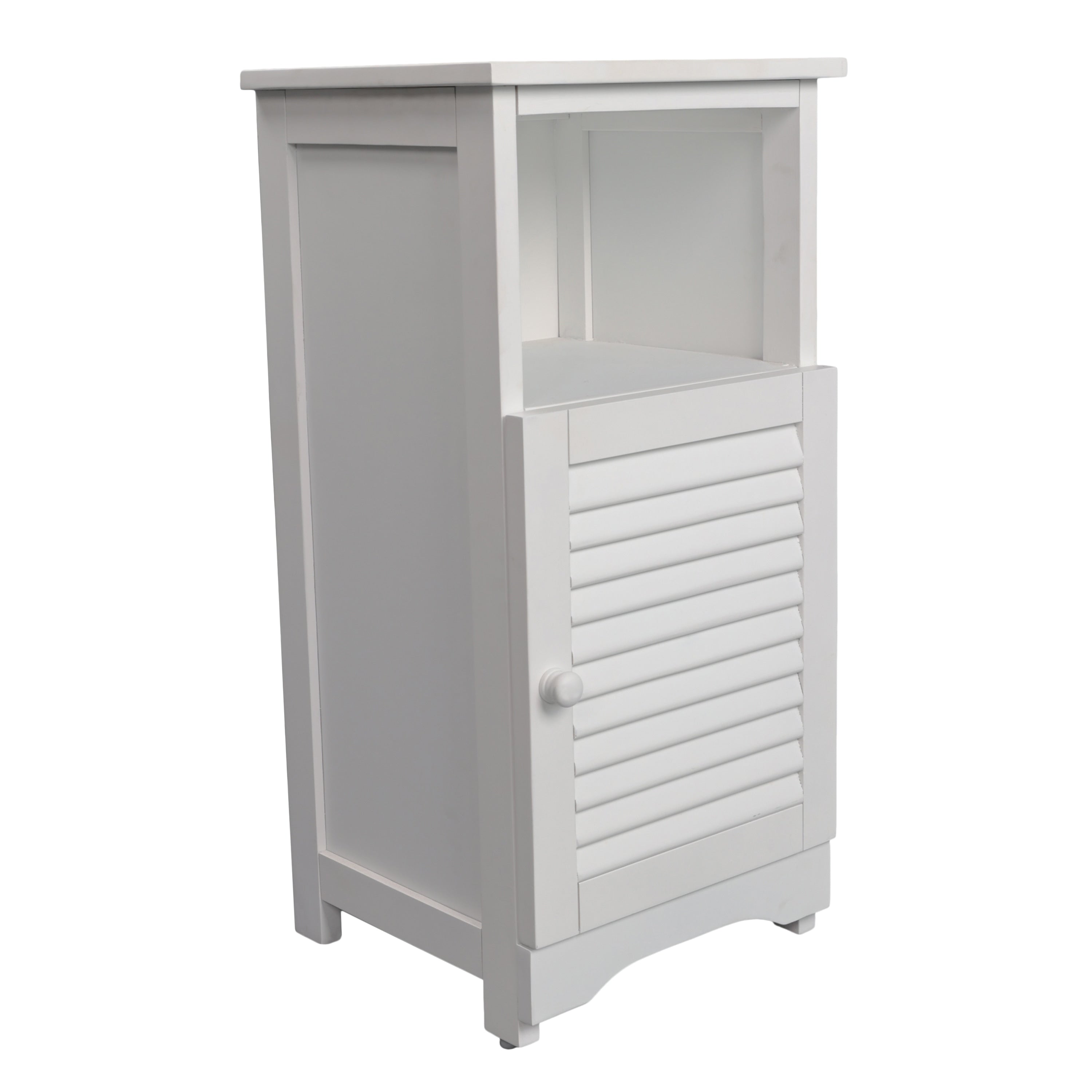 Serene 27.5 In. H Handcrafted Acacia Wood Bathroom Freestanding Floor Storage Cabinet With Louvered Door And Open Shelf