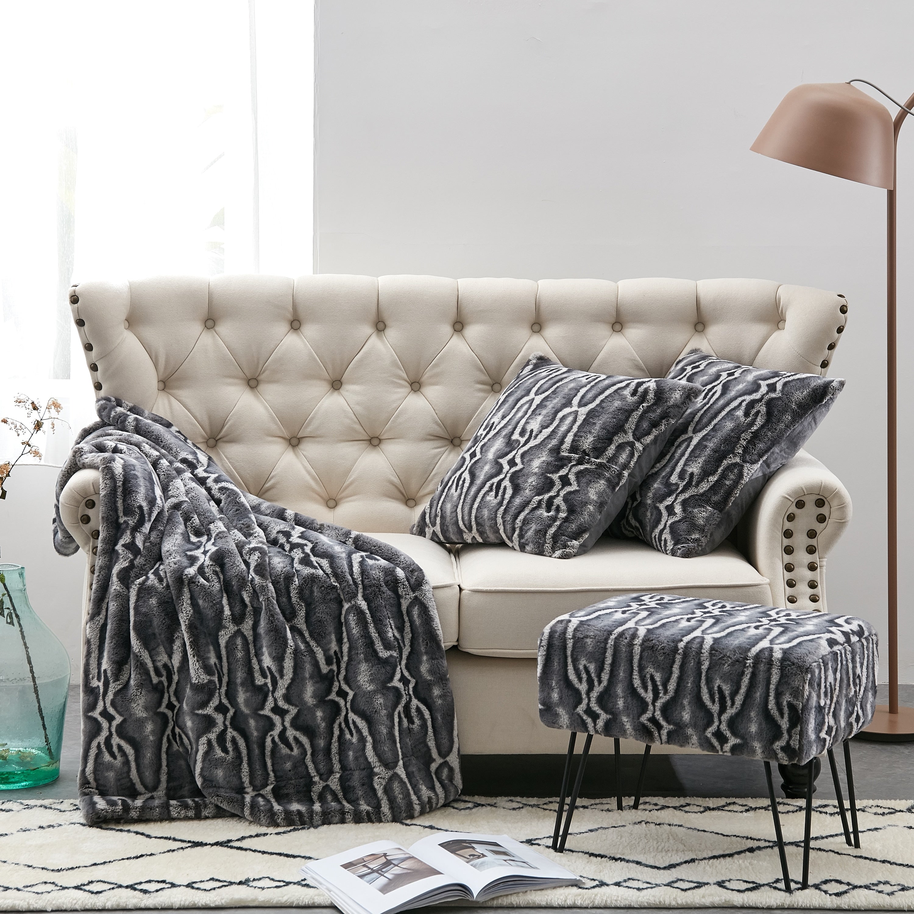 Serenta Tip Print Light Faux Fur Throw Pillow Shell Ottoman 4 Pc Set