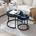 Set 2 Coffee Table Nesting Black Top Black Frame Circular Round And Marble Pattern Wooden Tables Living Room Bedroom Apartment