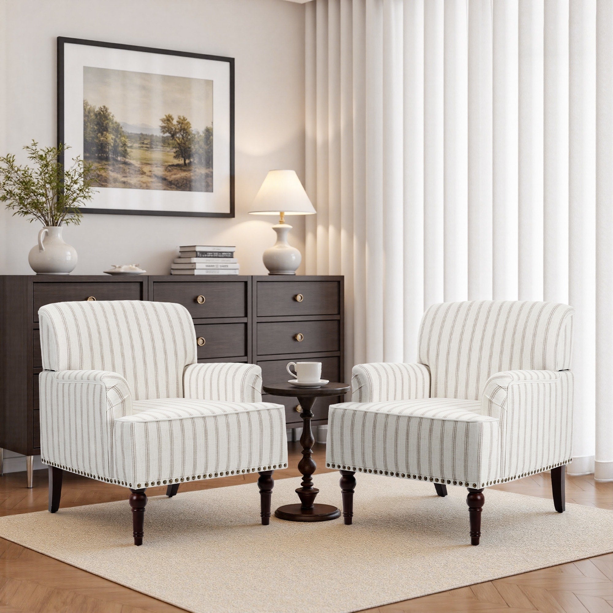 Set 2 Striped Upholstered Linen Armchair With Brass Nailhead Trim