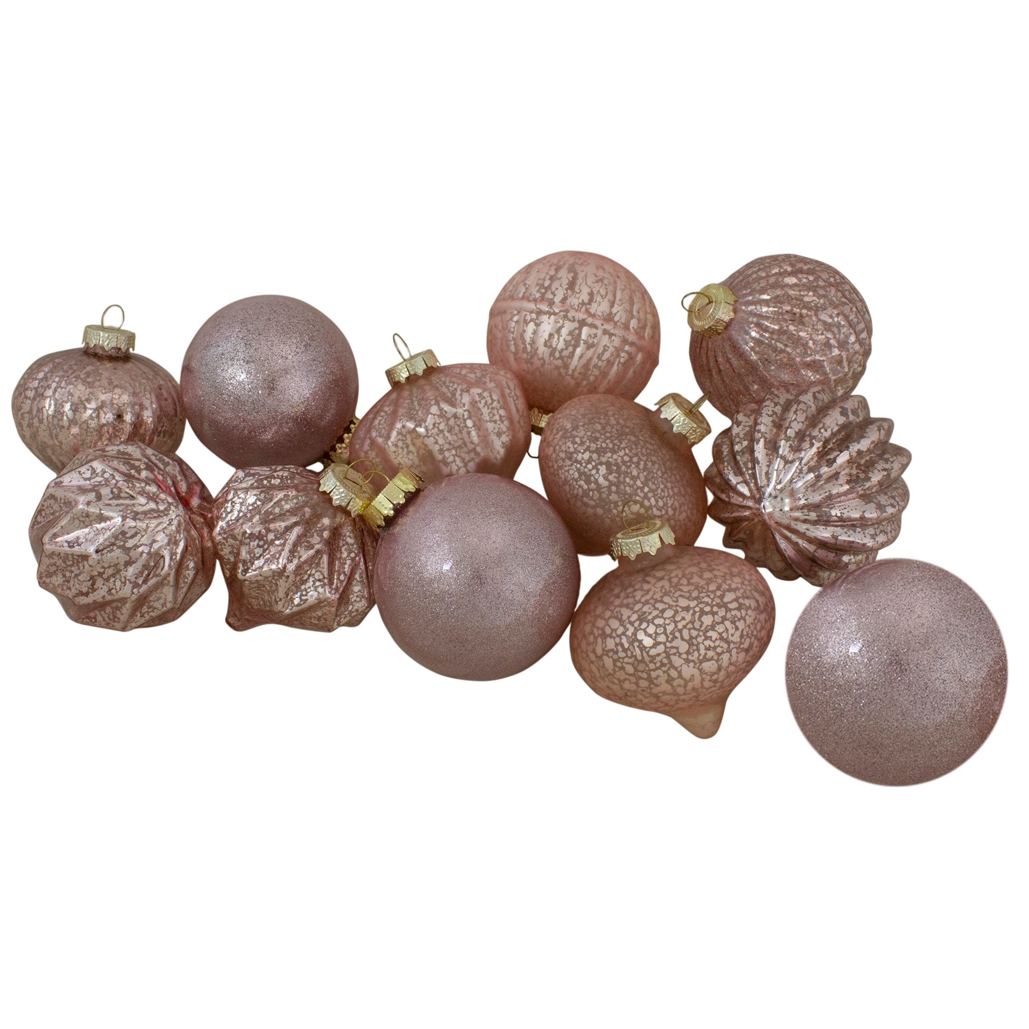 Set Of 12 Rose Gold 2 Finish Glass Christmas Ornaments 6 152Mm