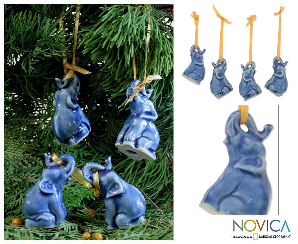 Handmade Set Of 4 Ceramic Blue Elephant Heralds Celadon Ornaments Thailand