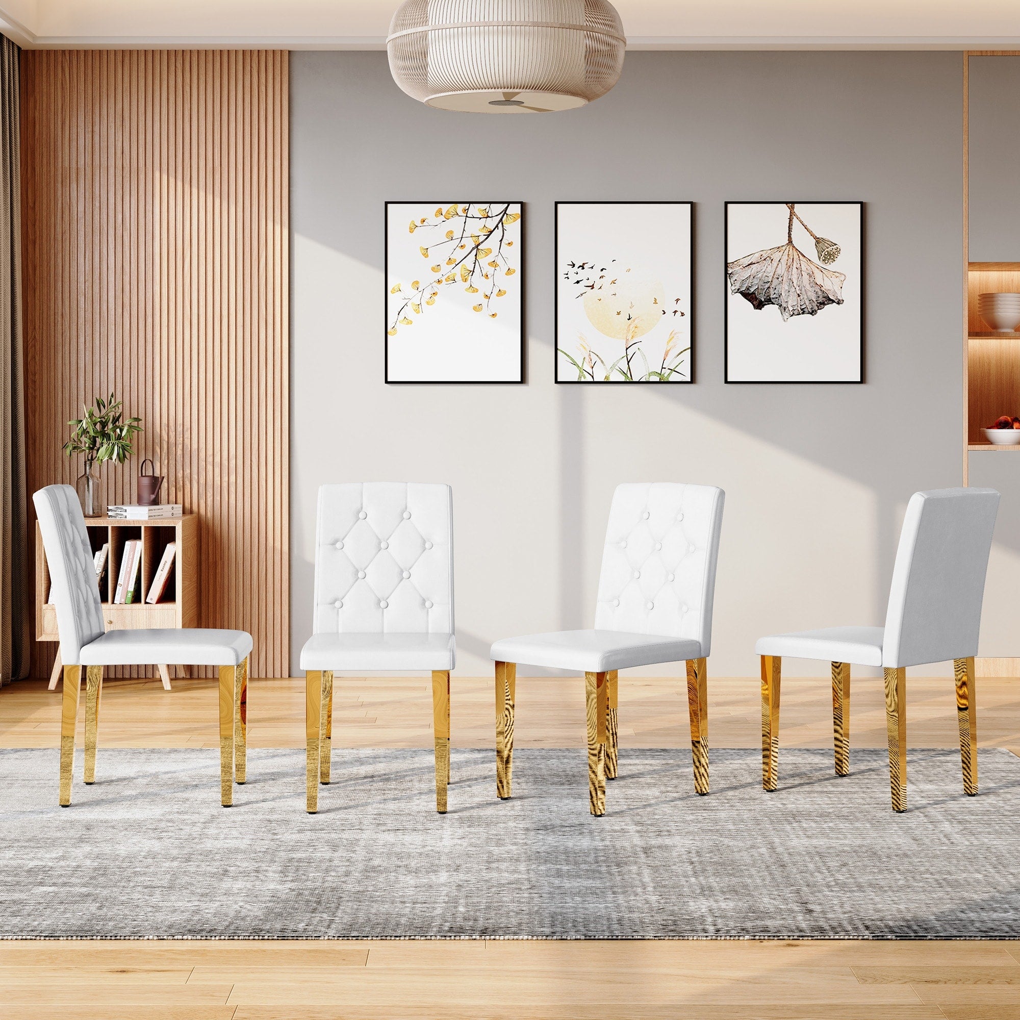 Set Of 4 Pu Dining Chairs Ergonomic Buckle Backrest 35 Inches High Golden Metal Legs Combines Comfort And Texture