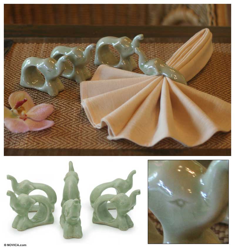 Handmade Set Of 6 Celadon Ceramic Elephant Hello Napkin Rings Thailand