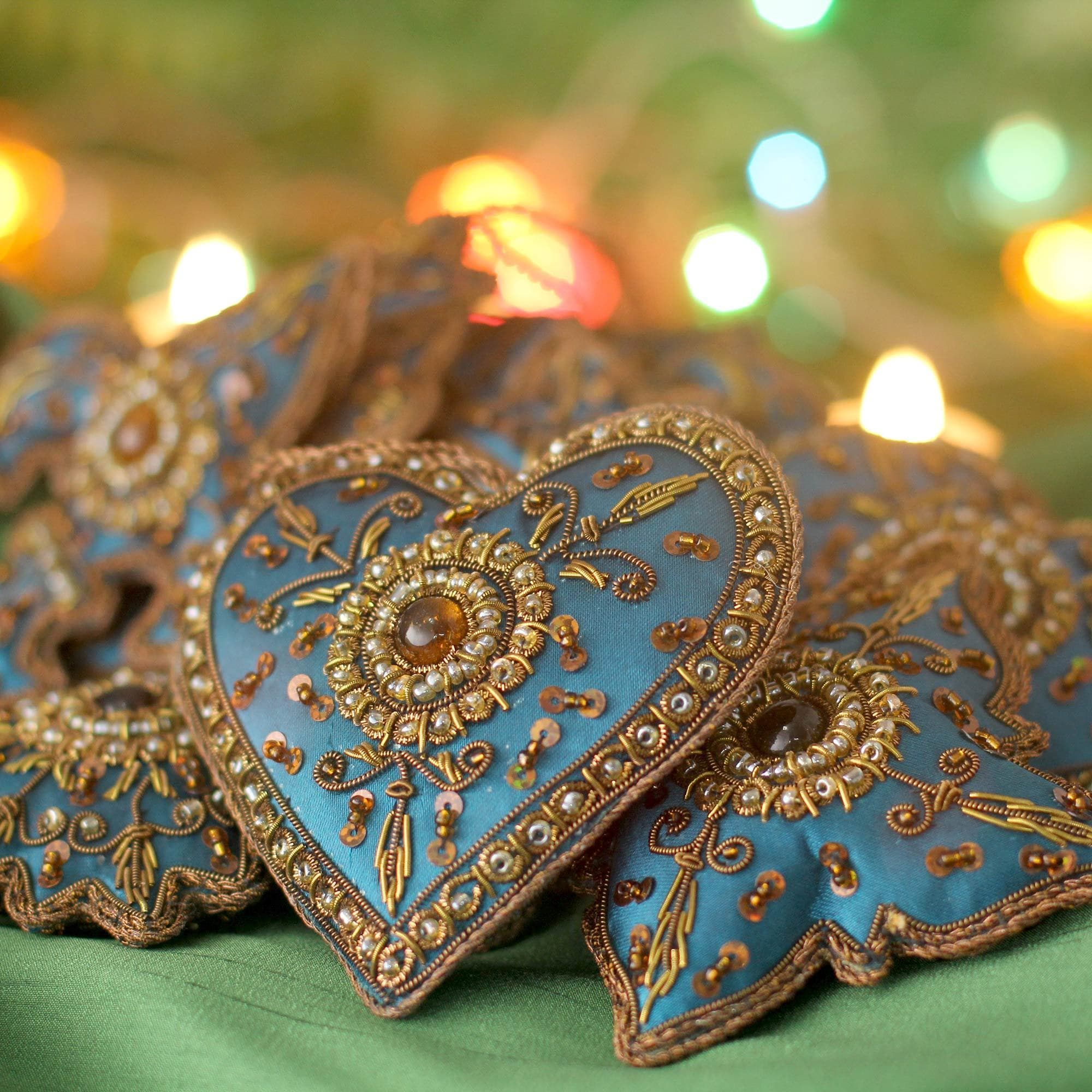 Set Of 10 Handmade Beaded Teal Joy Ornaments India