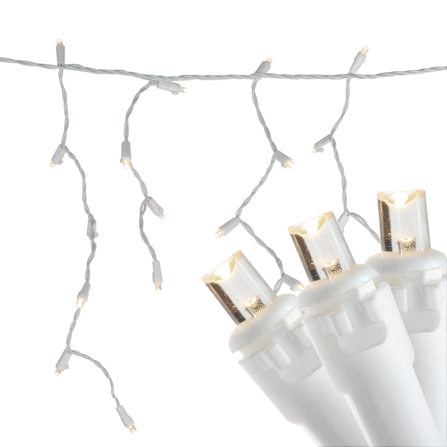 Set Of 100 Warm White Led Wide Angle Icicle Christmas Lights White Wire