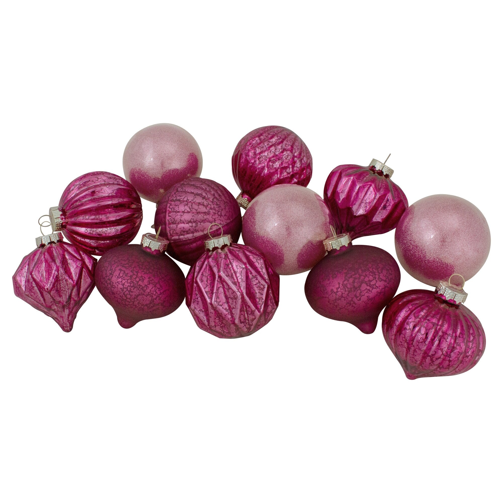 Set Of 12 Magenta Pink Ball And Onion Glass Christmas Ornaments 3.25 Inch 80Mm