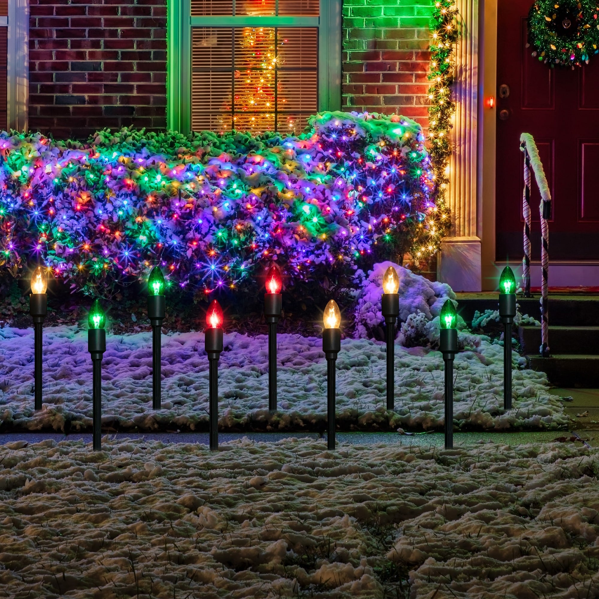 Set Of 15 Red Clear And Green C9 Christmas Pathway Marker Decorations 14 Ft Green Wire