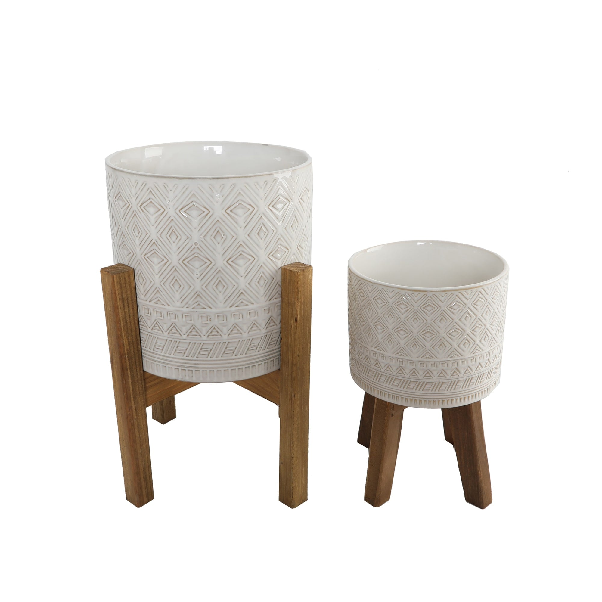 Set Of 2 10 8 Illuminati Ceramic Planter On Wood Stand Ivory