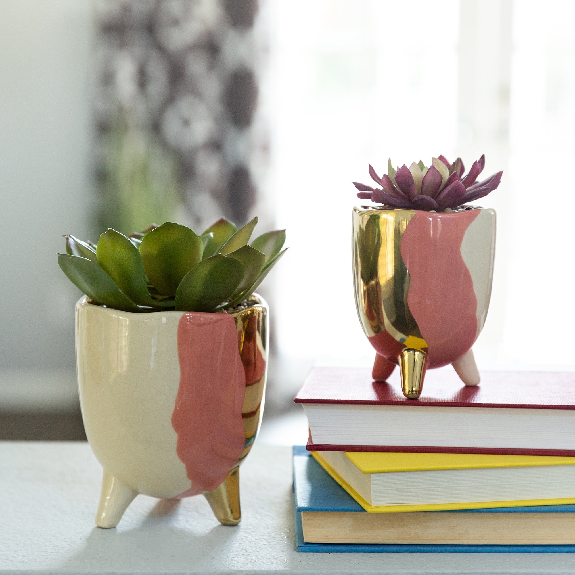 Set Of 2 4 3 Metalic 3 Tone Footed Ceramic Pot