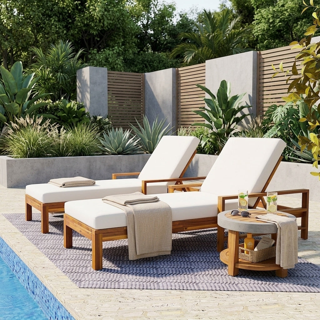Set Of 2 Acacia Wood Outdoor Chaise Lounge Chairs With Adjustable Backrest By Leisure Zone
