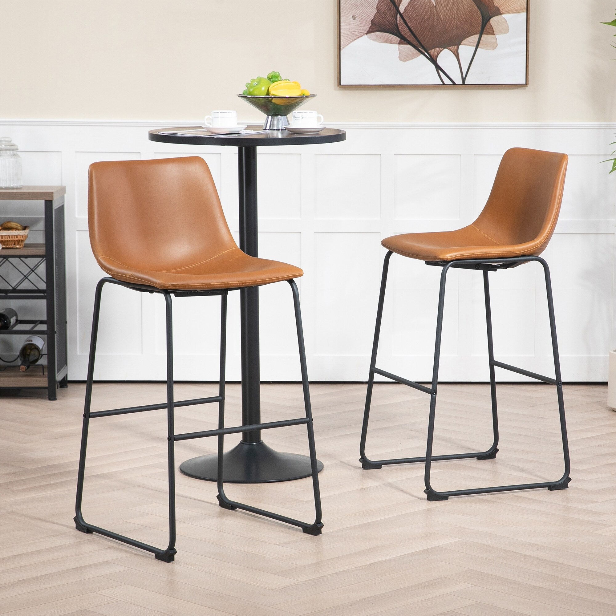 Set Of 2 Adan Iron Frame Vintage Cappuccino Faux Leather Bar Stool