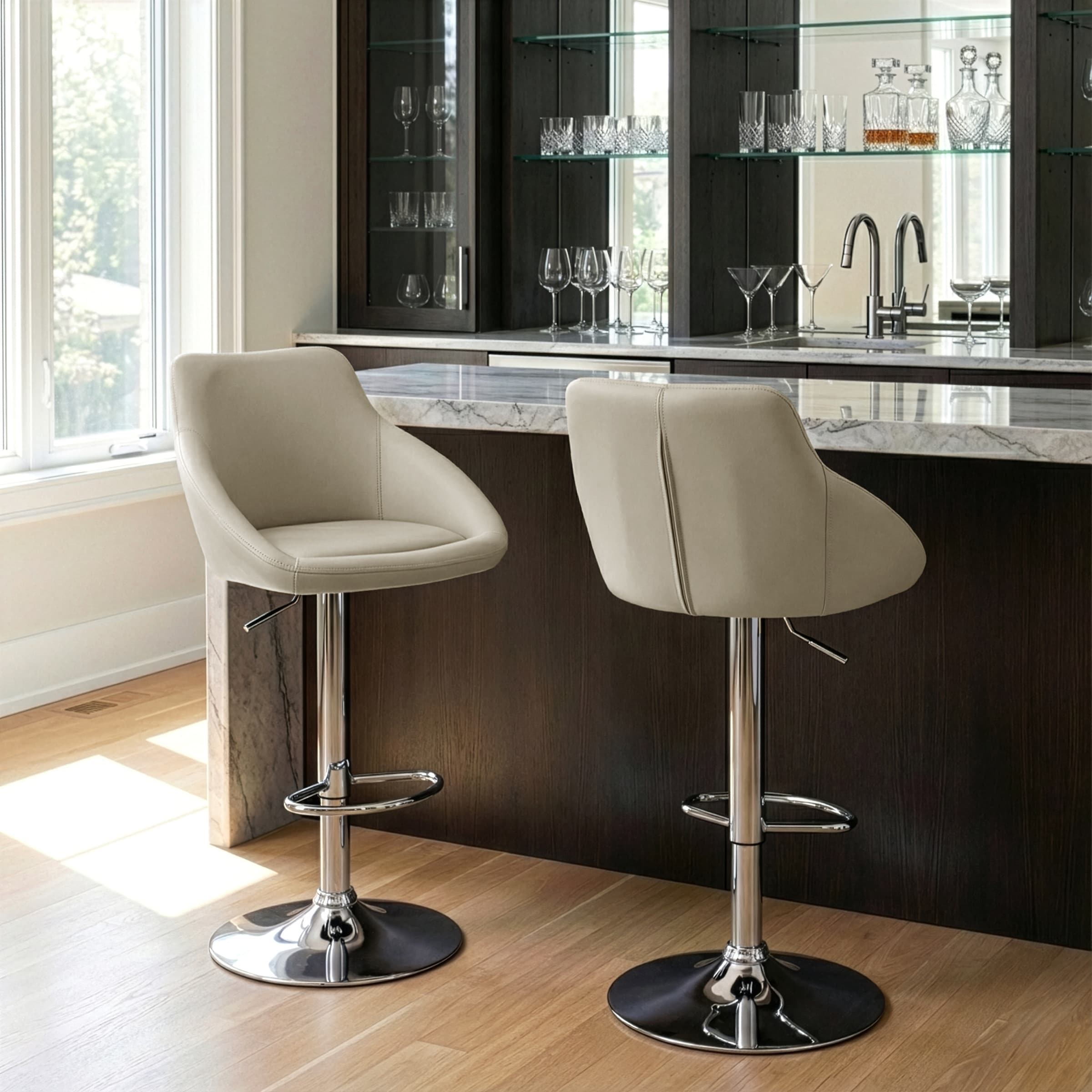 Set Of 2 Alani Ashy Grey Adjustable Height Swivel Barstool In Faux Leather