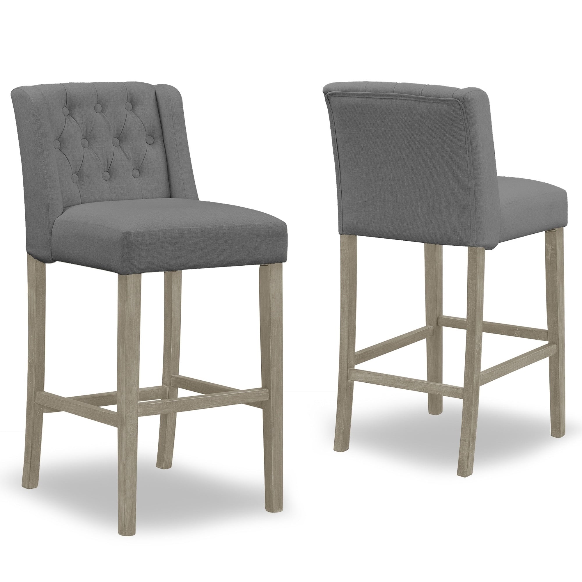 Set Of 2 Aled Grey Fabric Bar Stool With Side Wings And Tufted Buttons