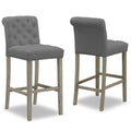 Set Of 2 Aleen Grey Fabric Bar Stool With Roll Back And Tufted Buttons