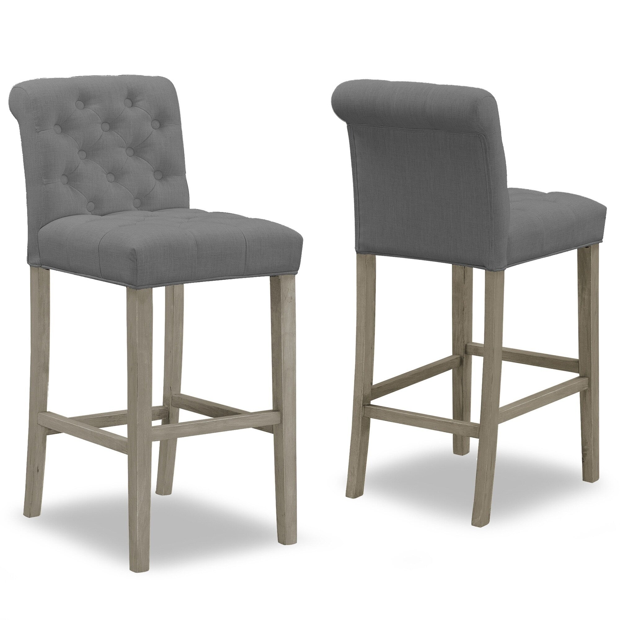 Set Of 2 Aleen Grey Fabric Bar Stool With Roll Back And Tufted Buttons