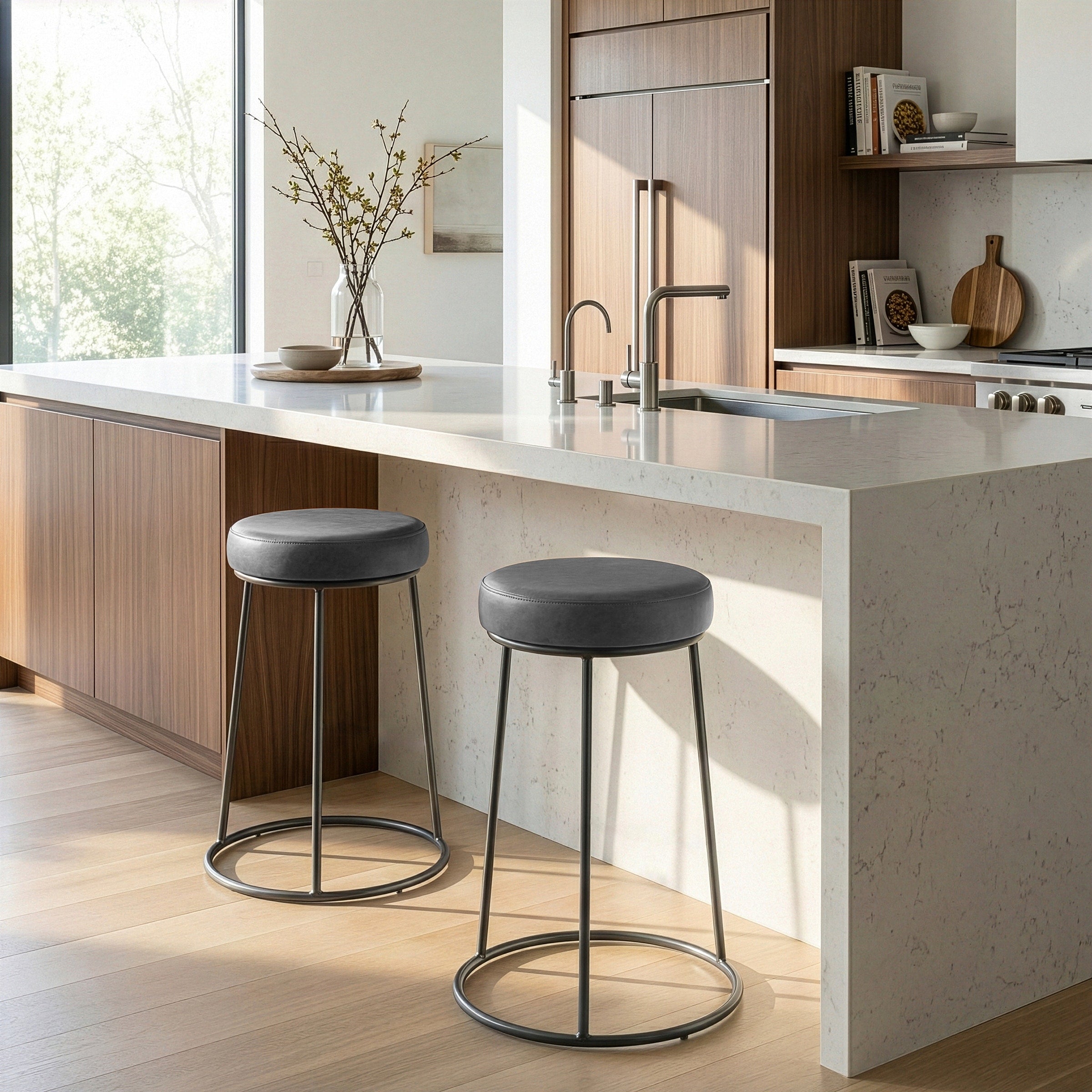 Set Of 2 Amie Grey Backless Counter Stool With Gunmetal Grey Frame