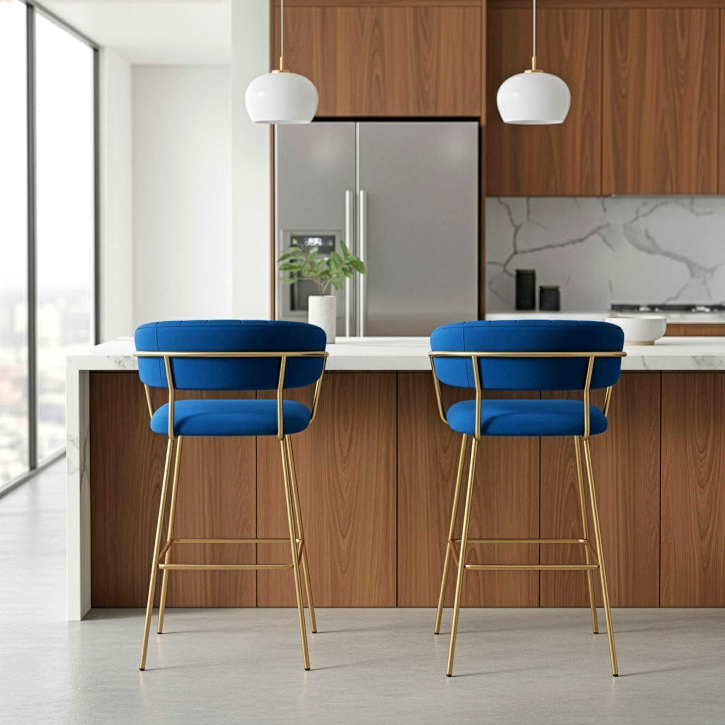 Set Of 2 Anya Blue Velvet Barstool With Golden Metal Legs