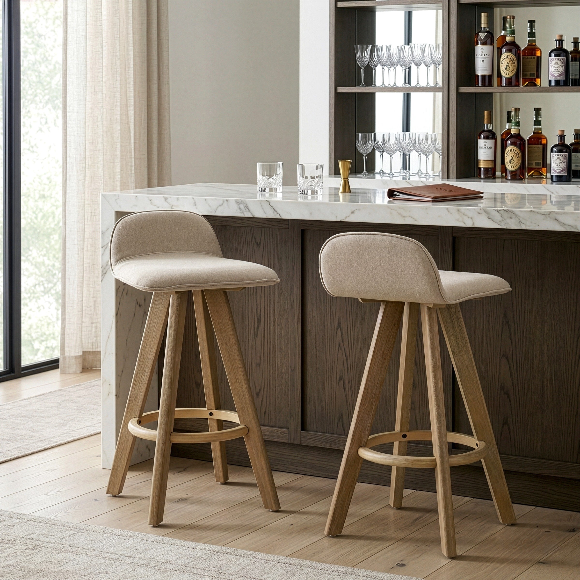 Set Of 2 Asta Dark Washed Wood Bar Stool With Low Back Fabric Seat