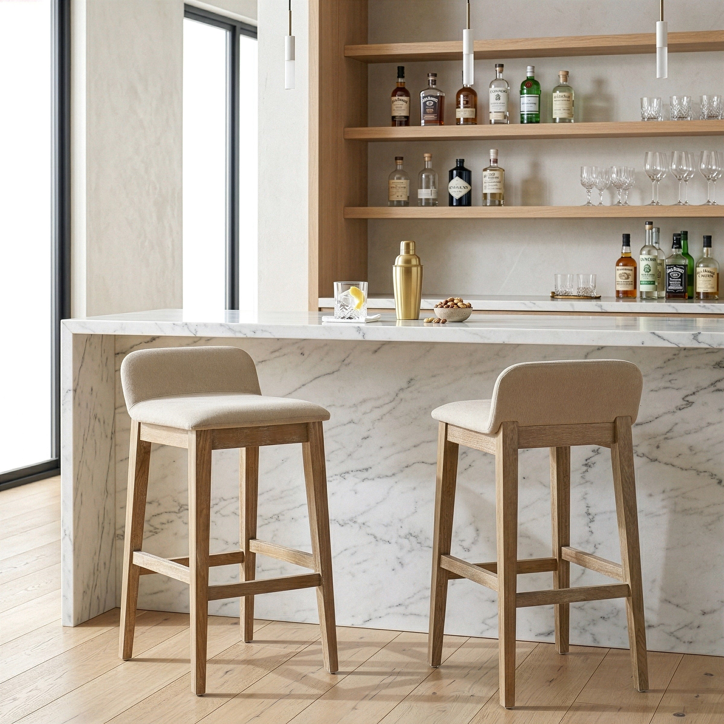 Set Of 2 Atia White Washed Wood Bar Height Bar Stool With Low Back Fabric Seat