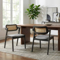 Set Of 2 Azula Gray Fabric Dining Chair With Rattan Back And Black Wood Legs