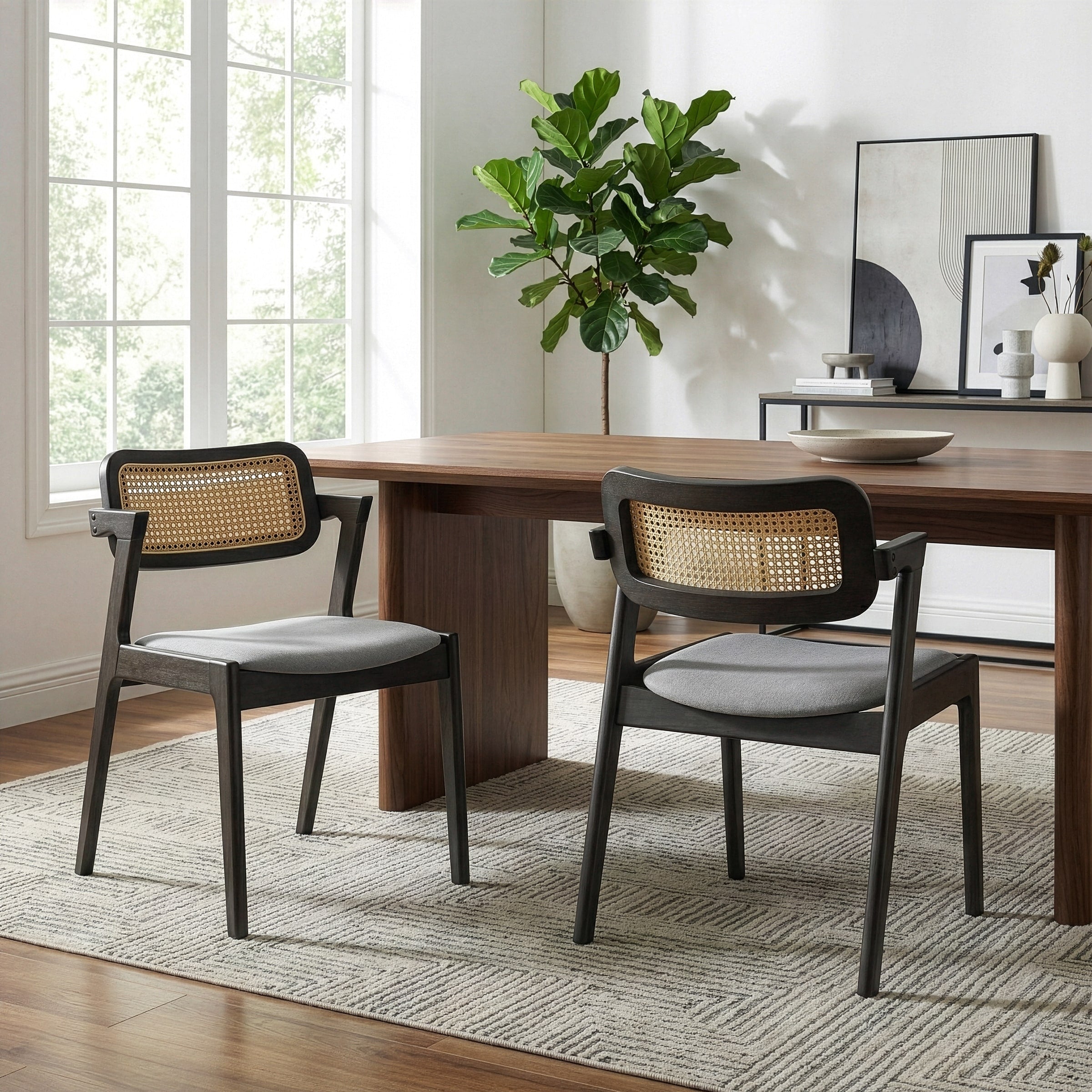 Set Of 2 Azula Gray Fabric Dining Chair With Rattan Back And Black Wood Legs